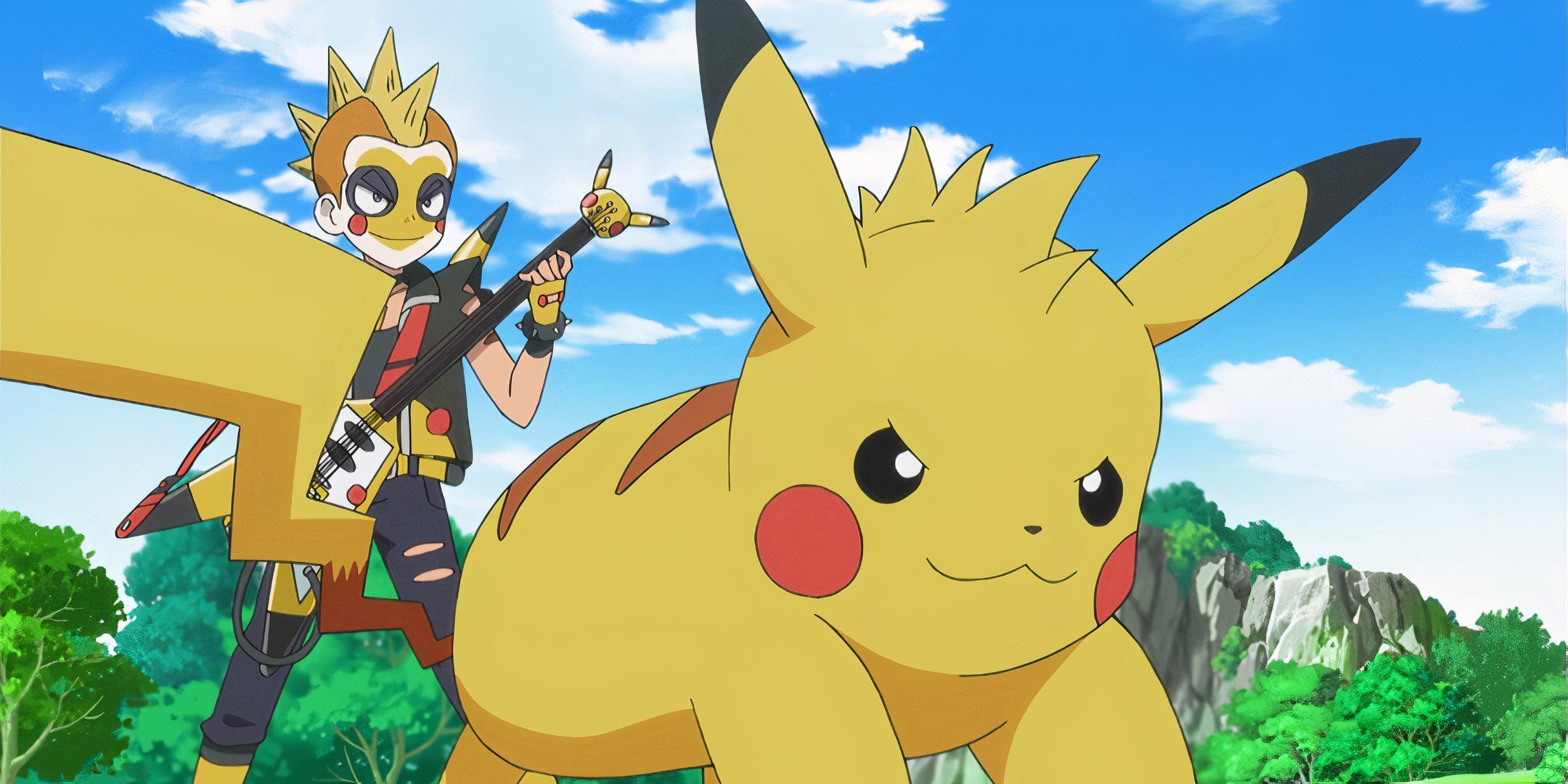 Jimmy the Guitarist and his Pikachu Spike are looking to the right preparing for battle in  Pokemon XY