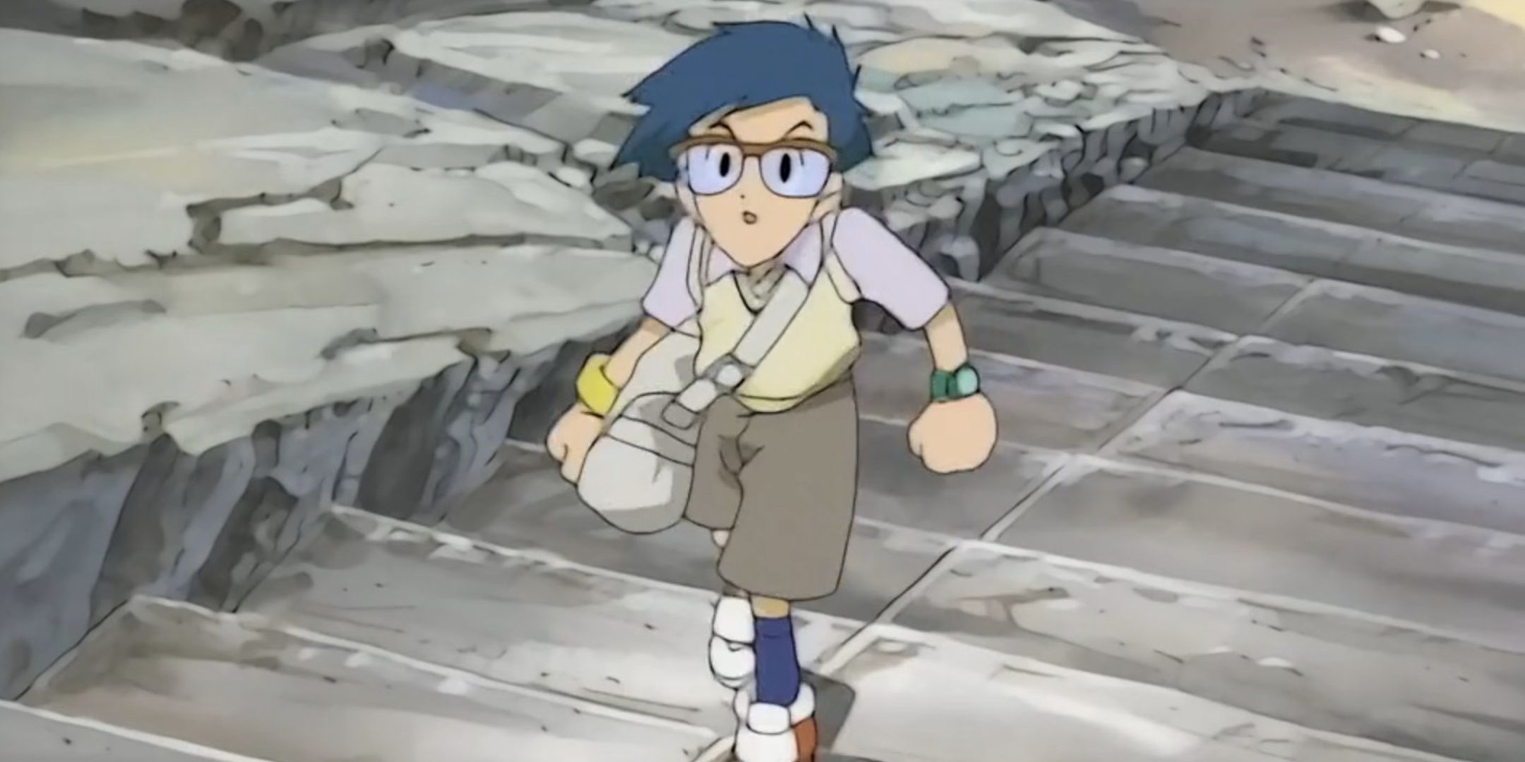 Joe climbing up some stairs in Digimon.
