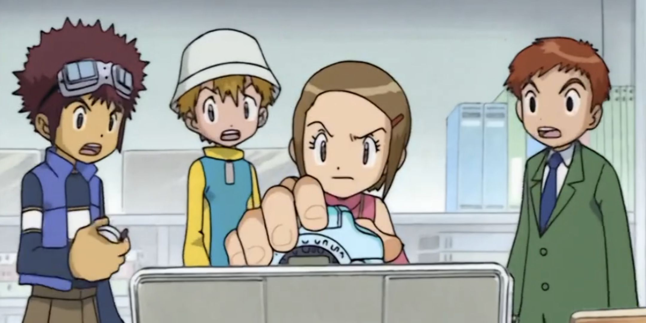 Kari from Digimon Adventure 02 using her Digivice.
