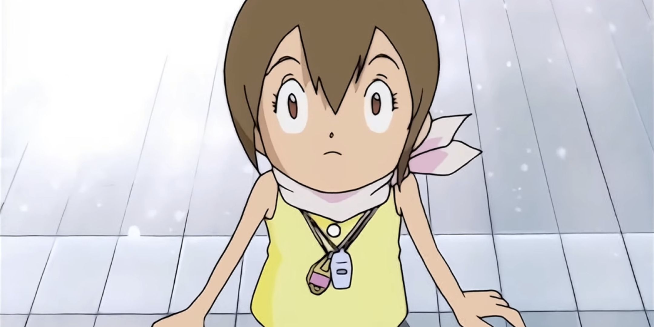 Kari looks up in awe at Angewomon's arrival in Digimon.