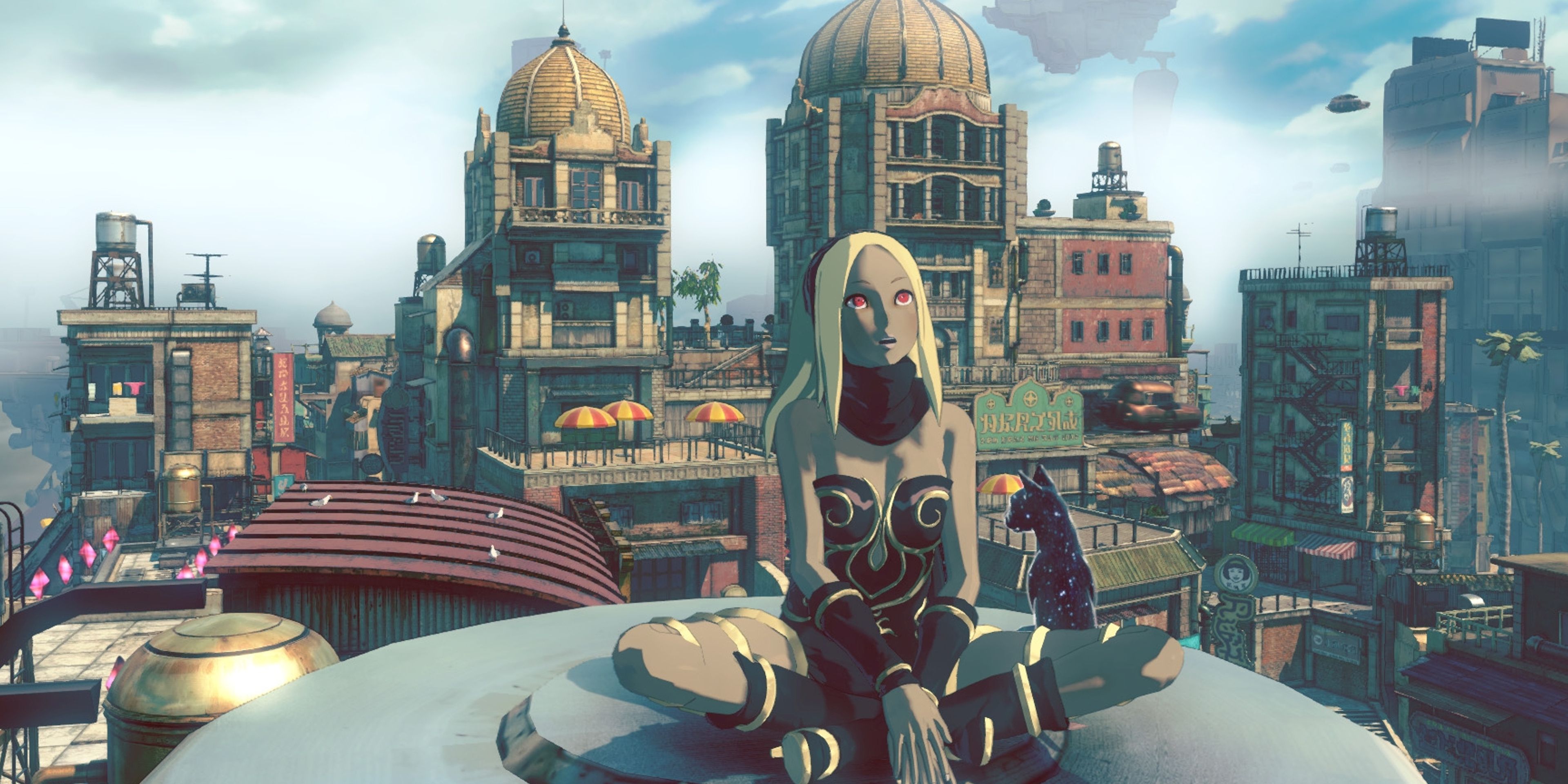 Kat sitting on a building with Dusty in Gravity Rush 2.