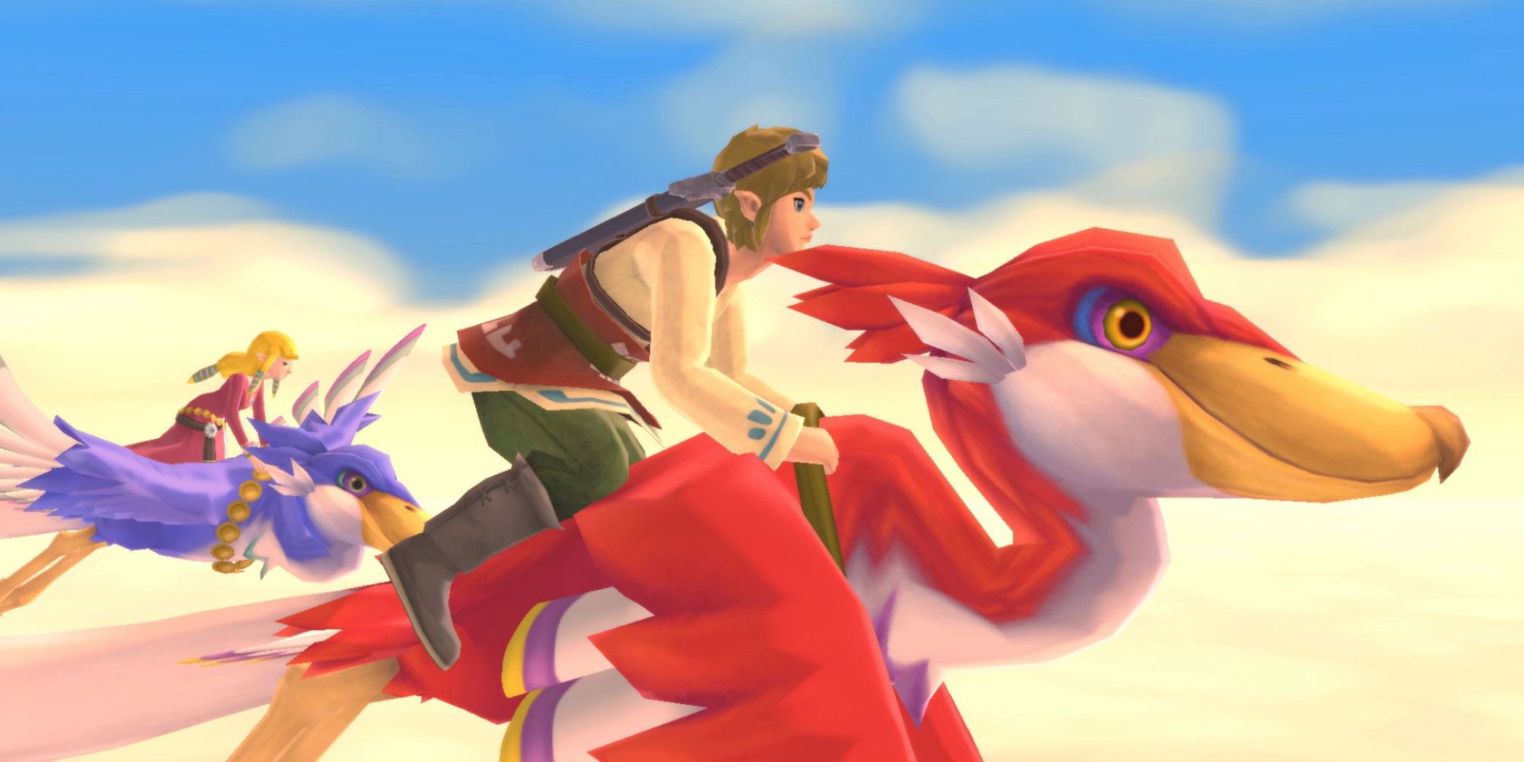 Link and Zelda riding their Loftwings through the sky in The Legend of Zelda: Skyward Sword.