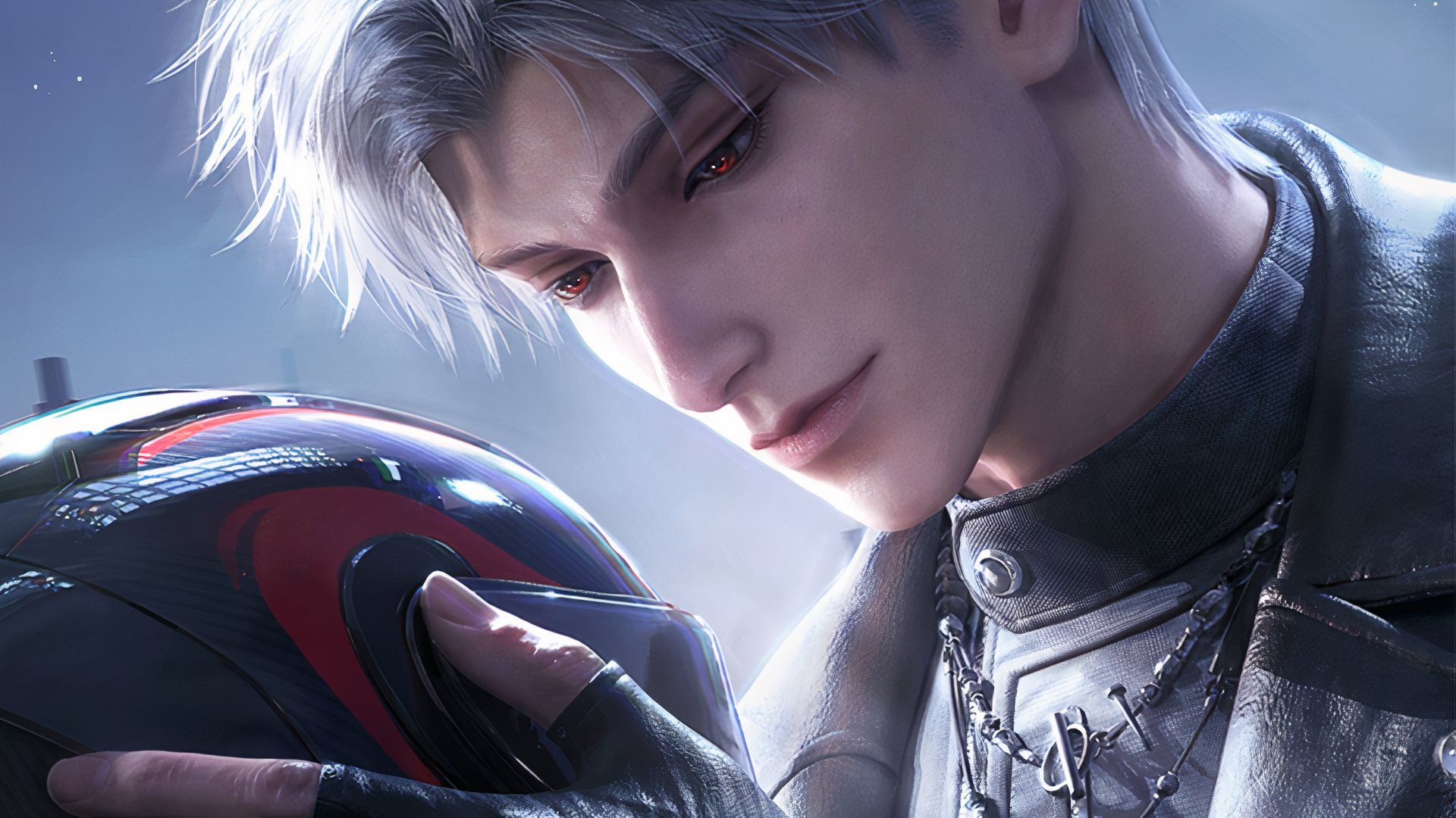 Love And Deepspace: Sylus adjusts the player's motorcycle helmet.