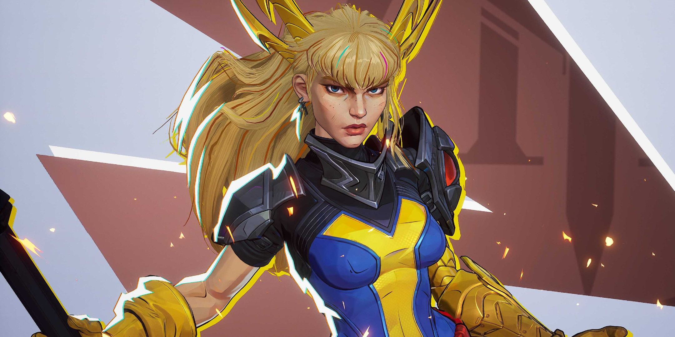 Magik in a blue and yellow, skin-tight suit.