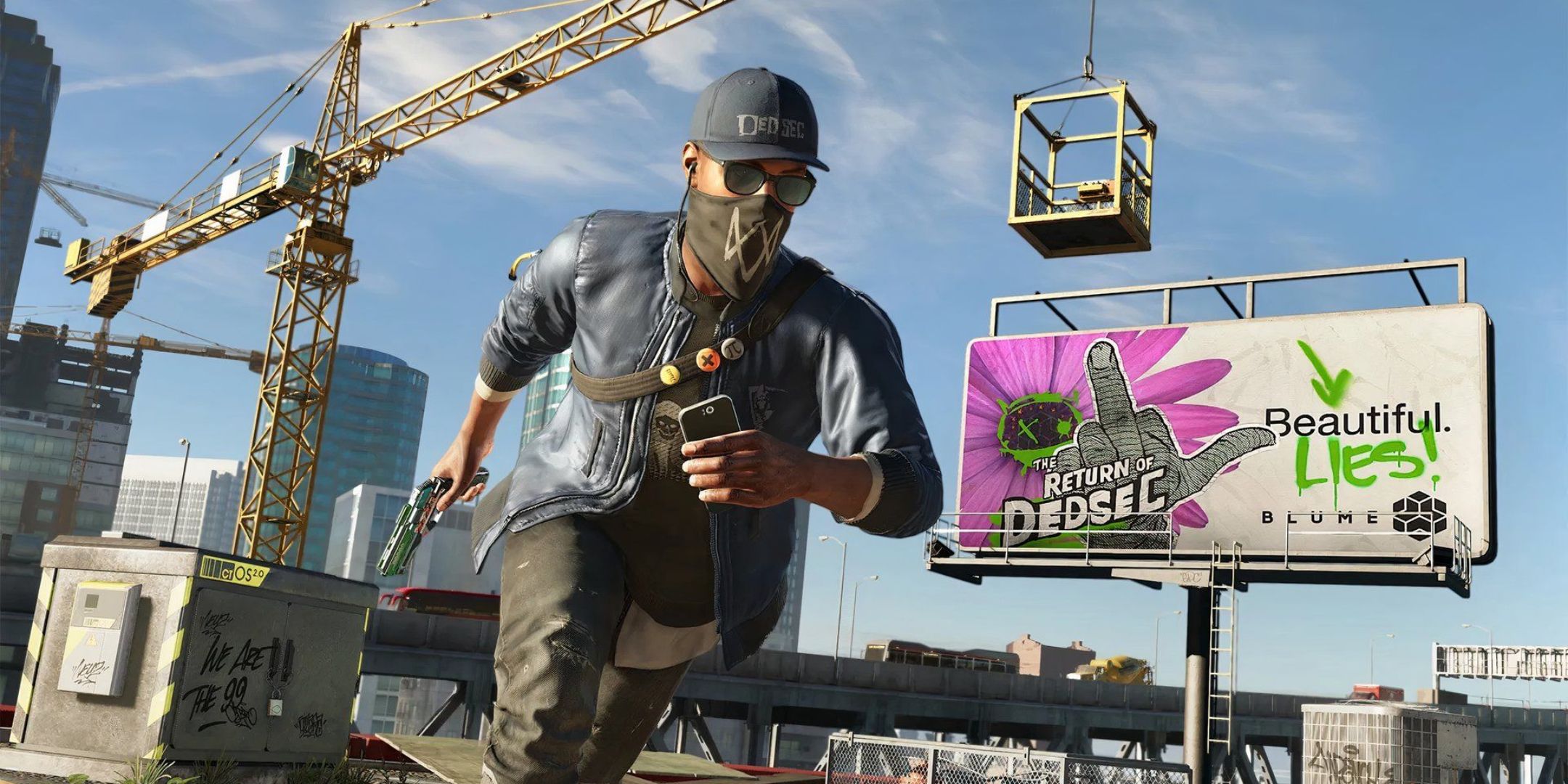 Marcus running across a rooftop while holding a gun and his phone with his face covered in Watch Dogs 2.