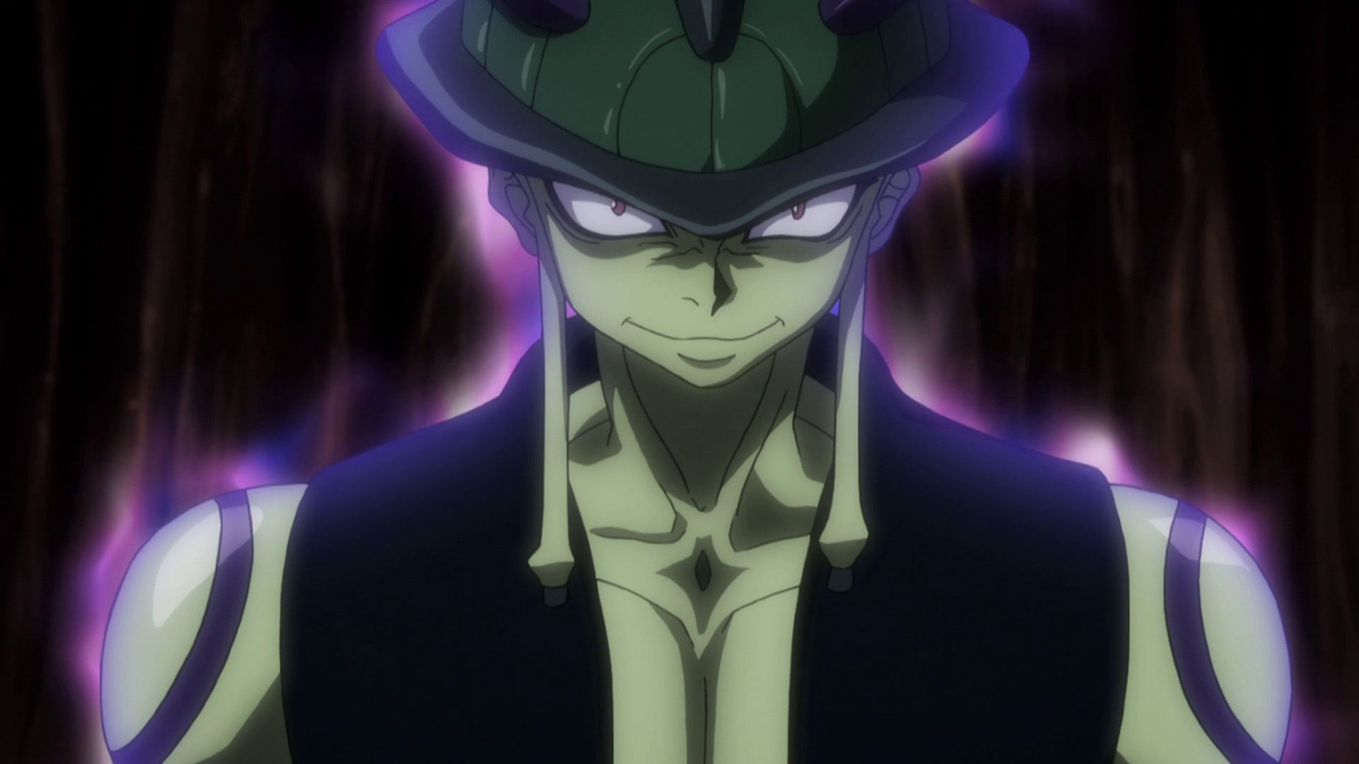 Meruem has a nen aura around him and is smiling in a twisted way in Hunter x Hunter