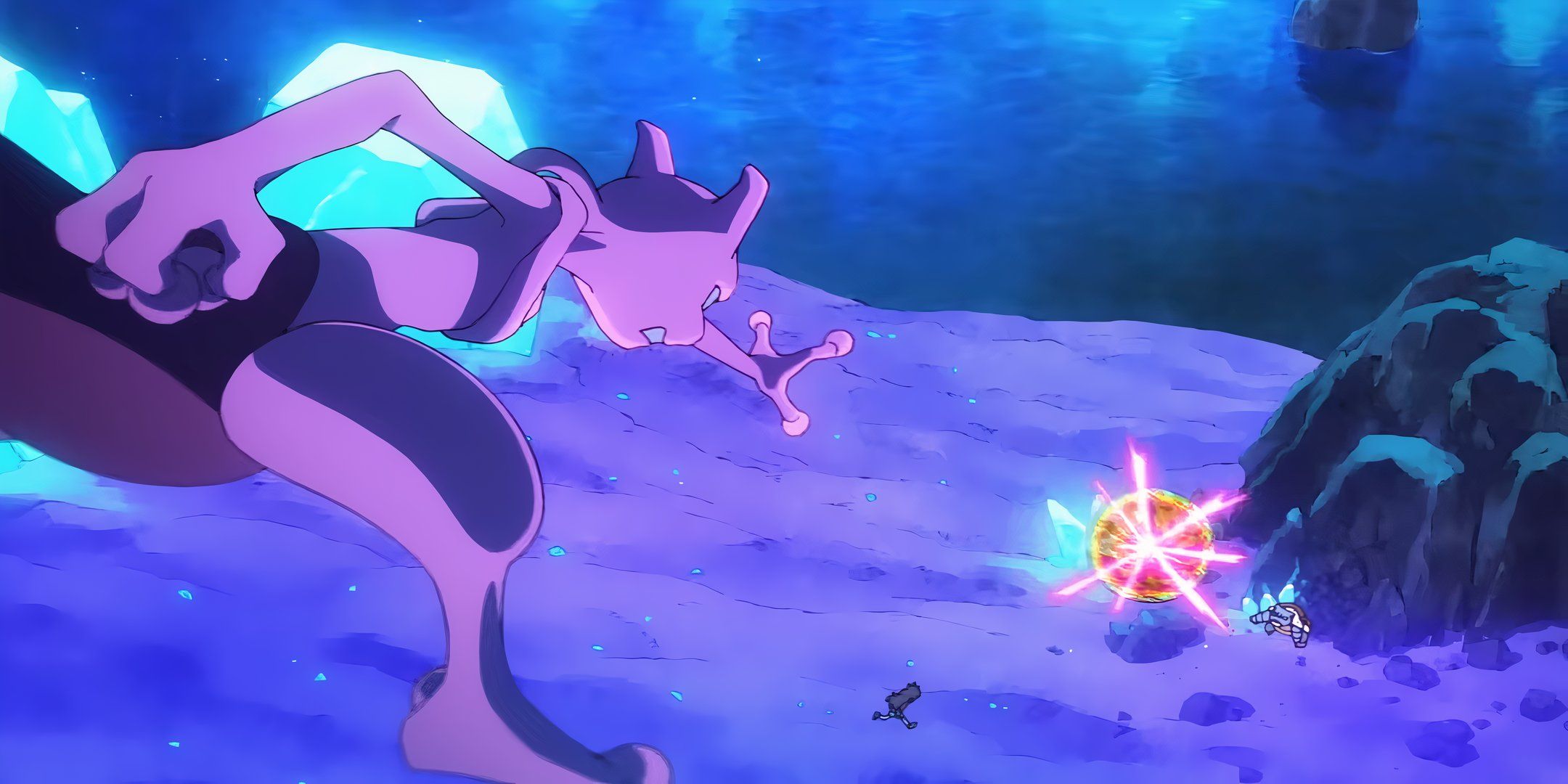 mewtwo floating attacking a blastoise.