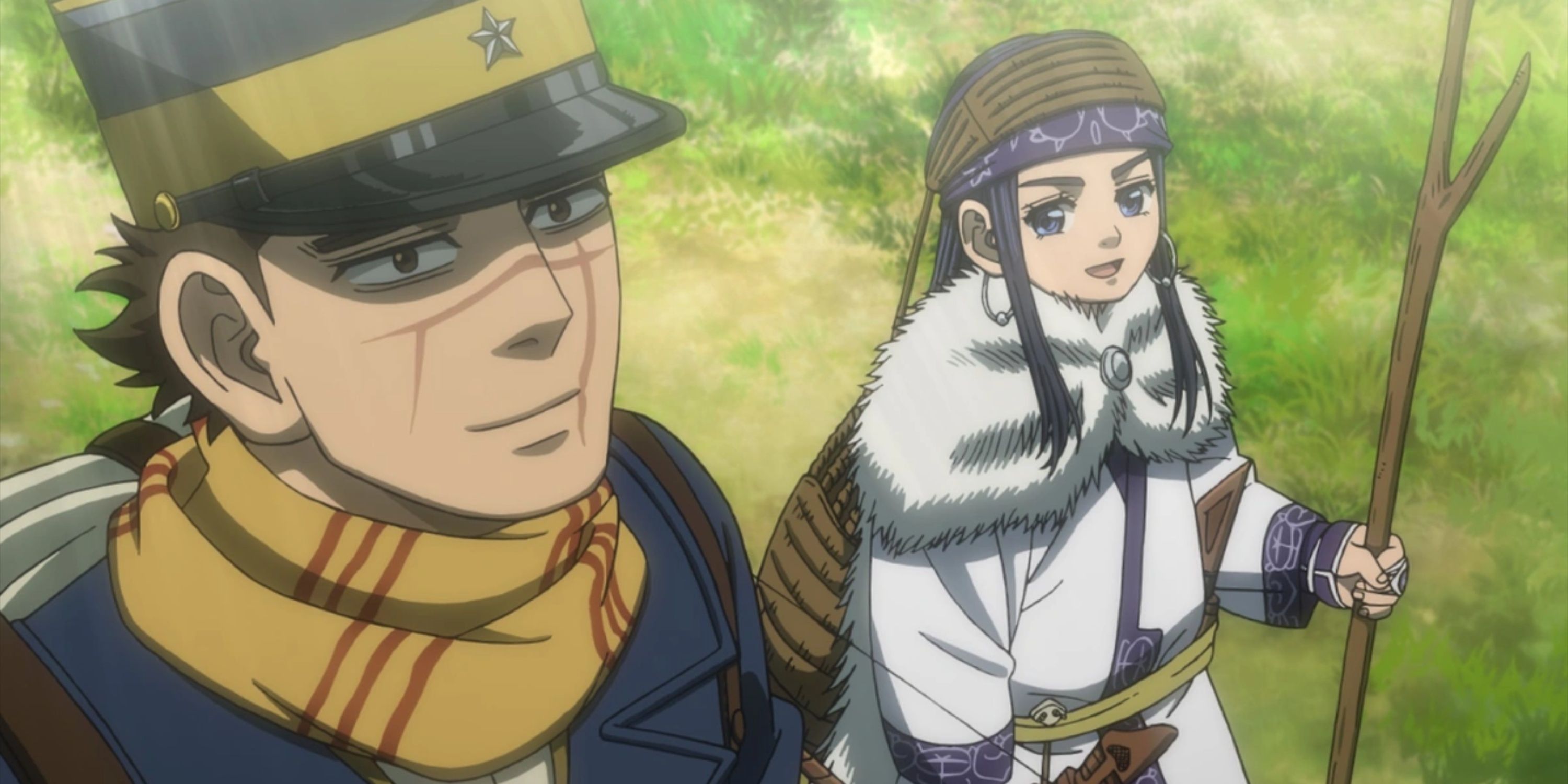 Golden Kamuy - two characters side by side post war. Soldier with scars and woman with cultural clothing and a walking stick. 