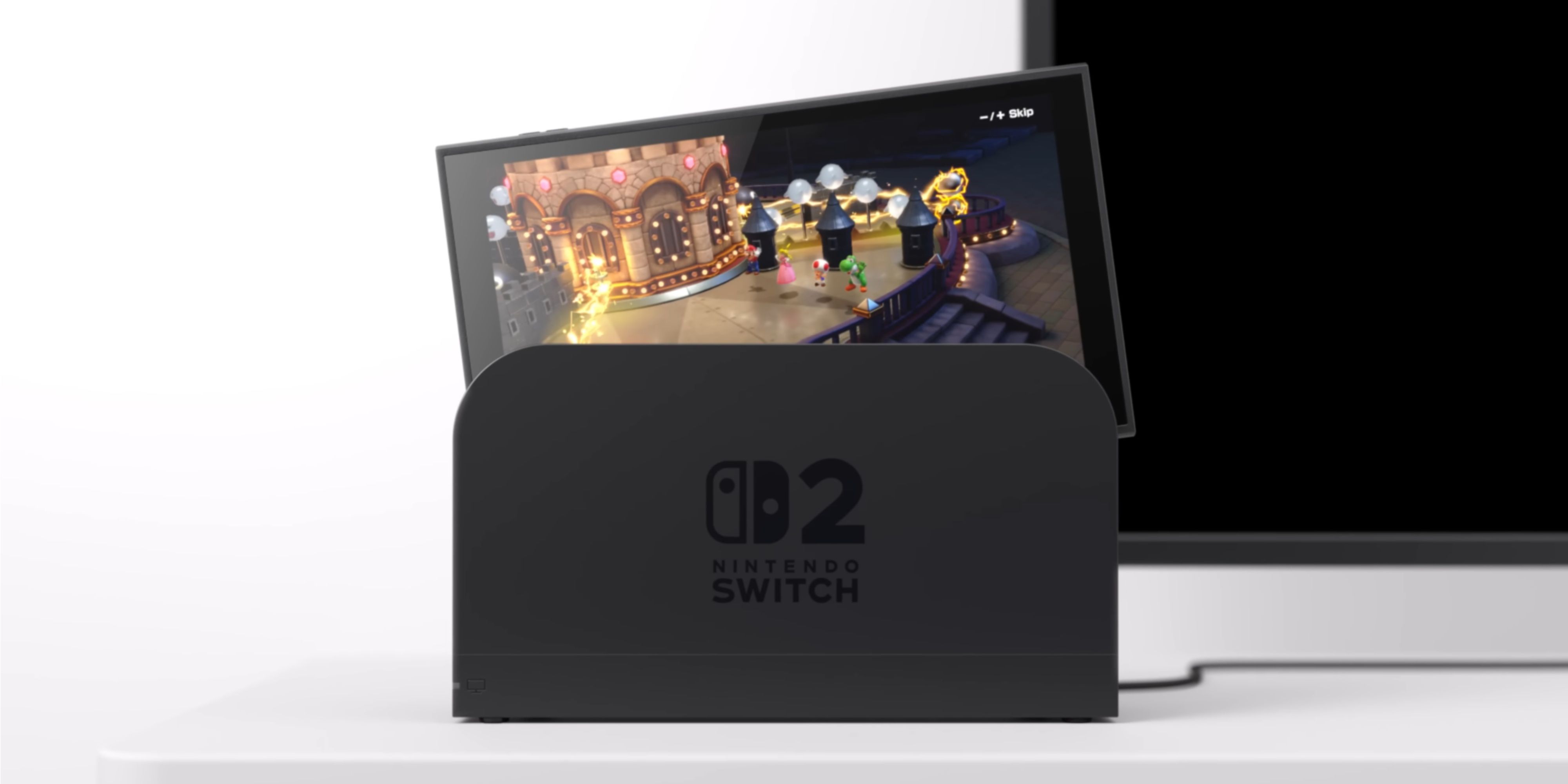 a nintendo switch 2 being lifted out of its dock in front of a tv.