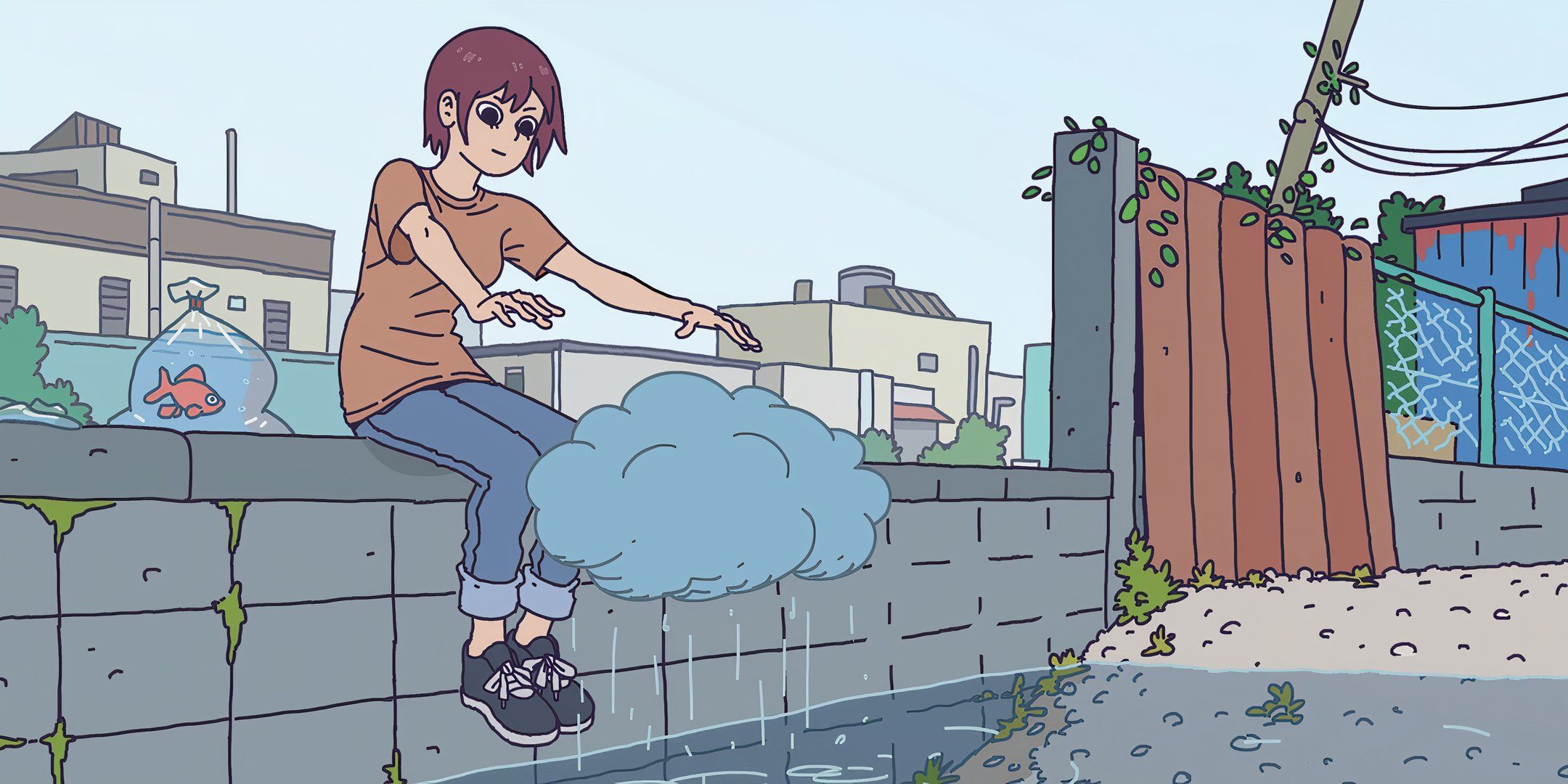 A character casts a raincloud spell sitting on a bench from Obojima: Tales from the Tall Grass in DND.