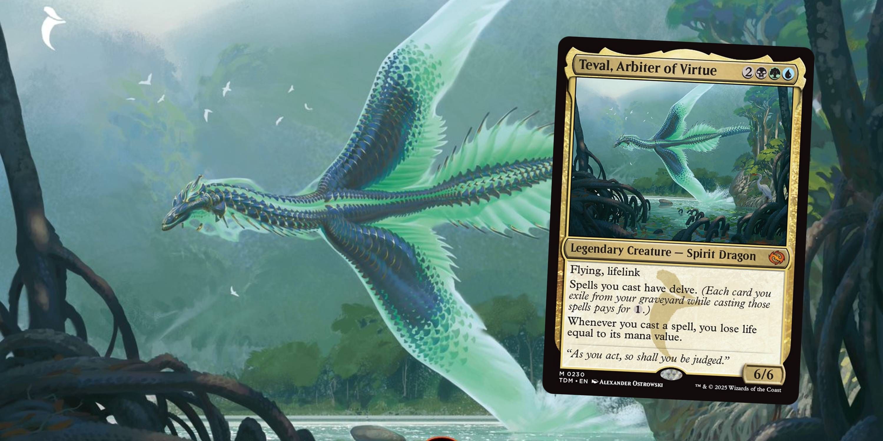 MTG Teval, Arbiter of Virtue art with the card in front of it.