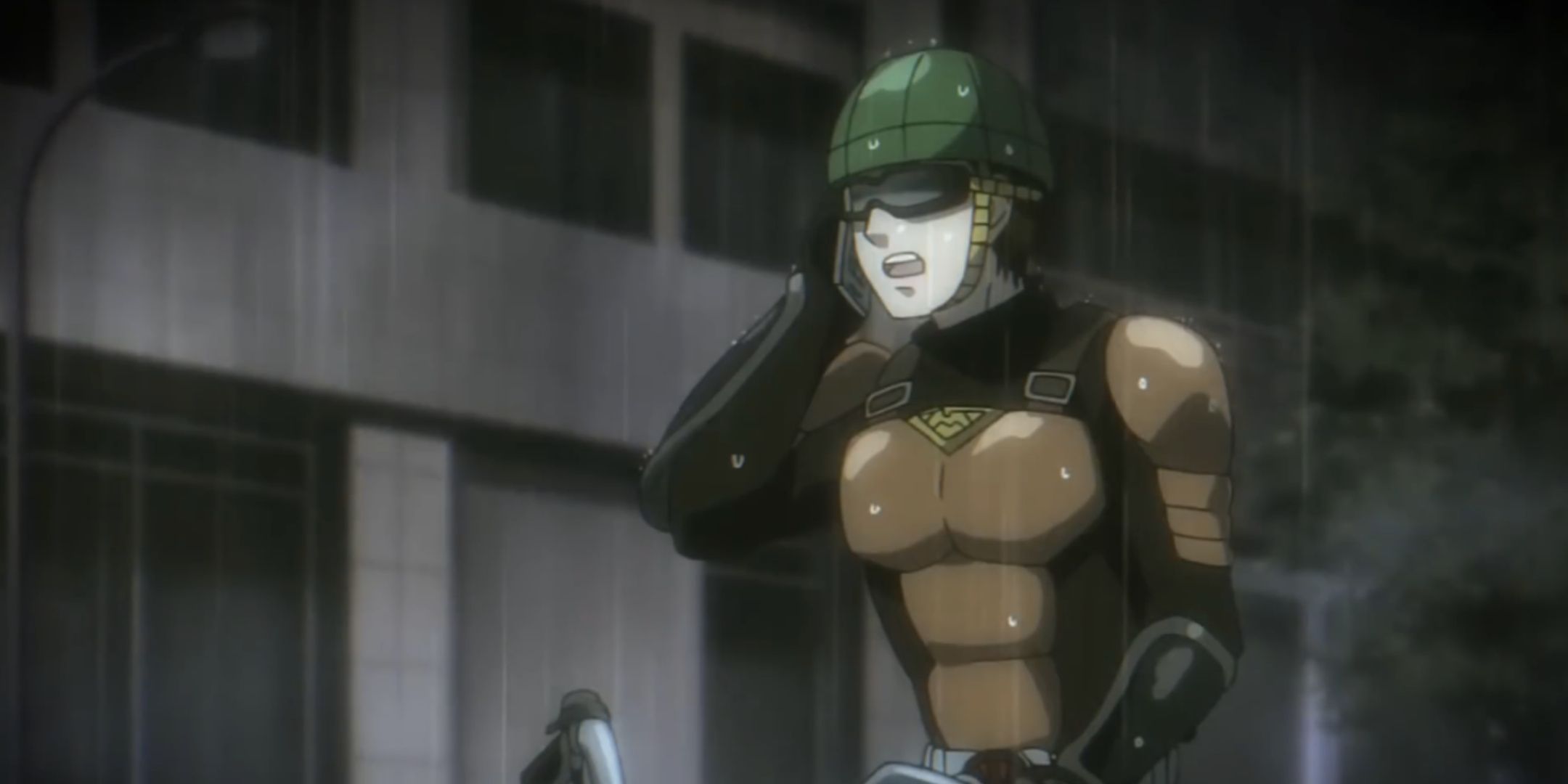 Mumen Rider receives a call in the rain in One Punch Man.
