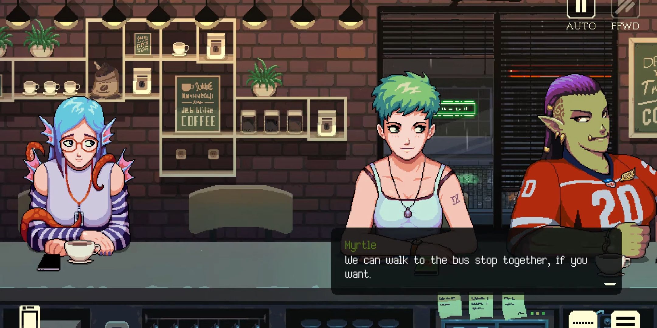 Myrtle offering to walk together with Aqua to the bus stop while Freya looks on in Coffee Talk.
