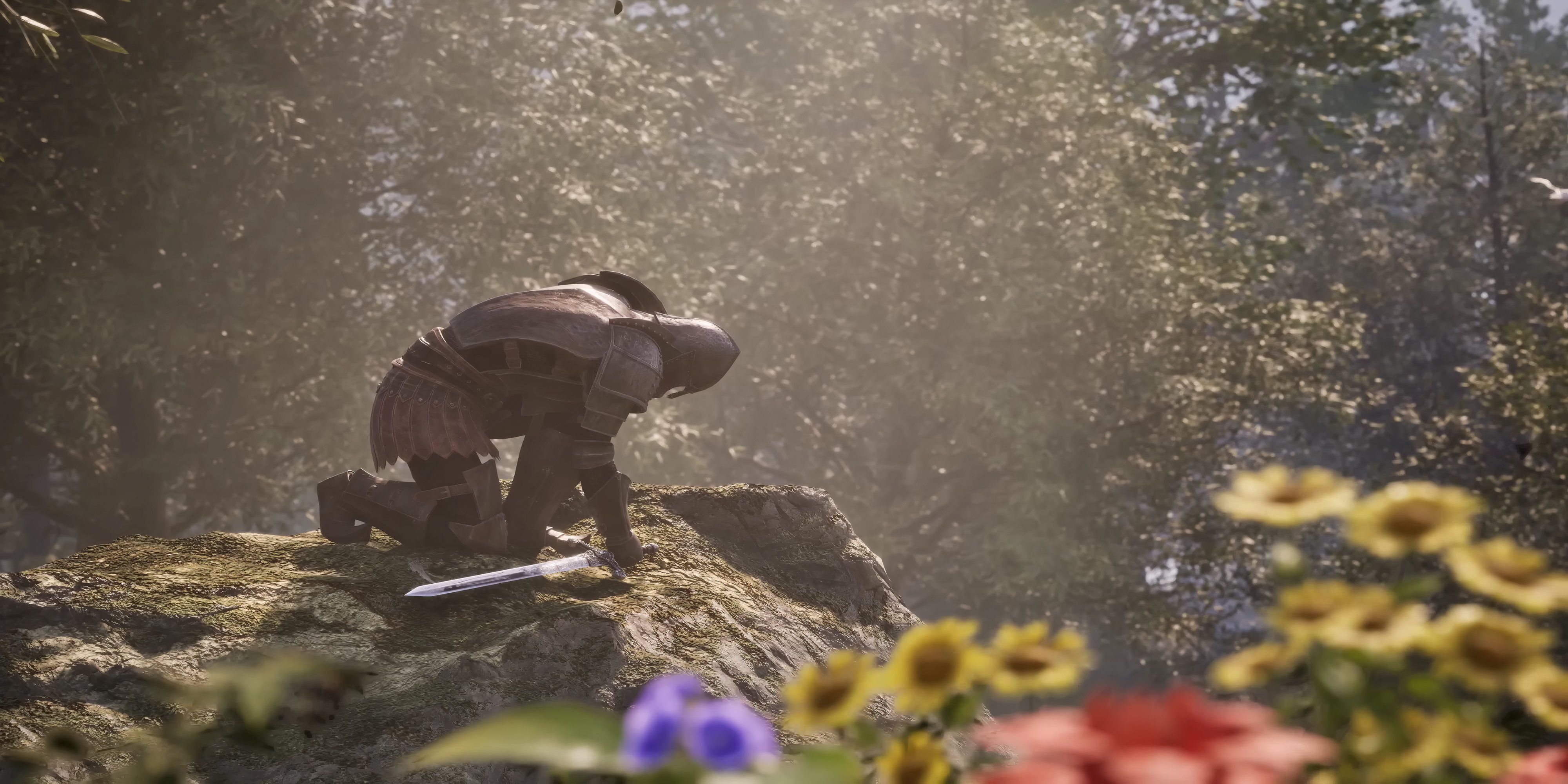 oblivion character kneeling on a rock wearing full armour.