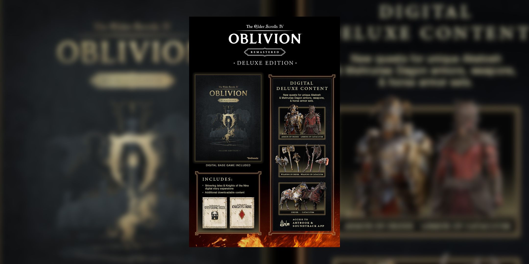 Oblivion Deluxe Edition breakdown, showing new quests, armor, horse armor, and weapons.