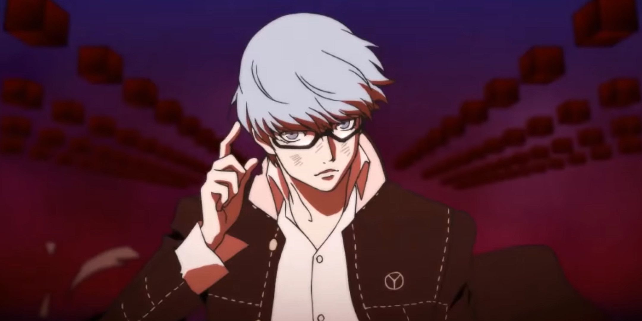Persona 4 main character in a dark void-like area moving to take off his glasses