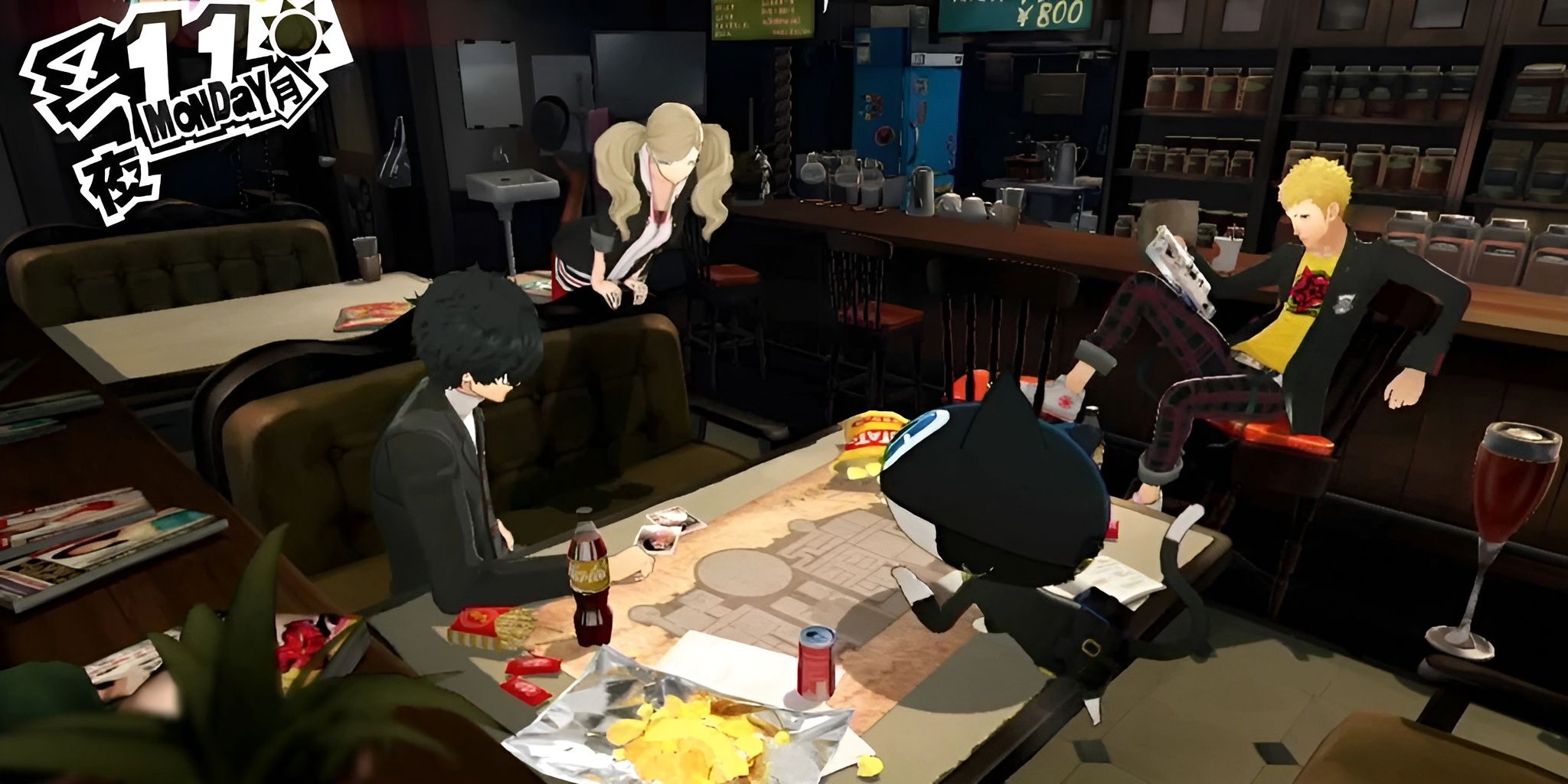 The Phantom Thieves hanging out at Cafe Leblanc in Persona 5 Royal.