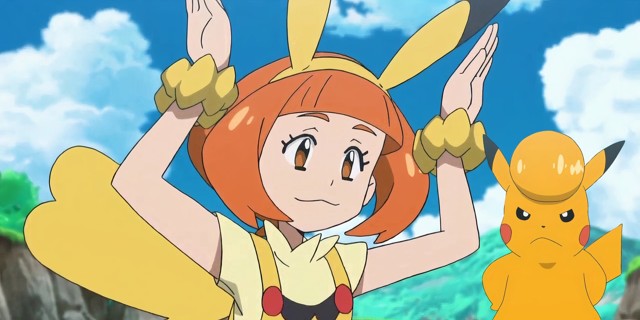Pikala holding her hands up in a Pikachu greeting, and the leader of the Pikachu on the island, Boss, scowling in the corner, from Pokemon Sun and Moon
