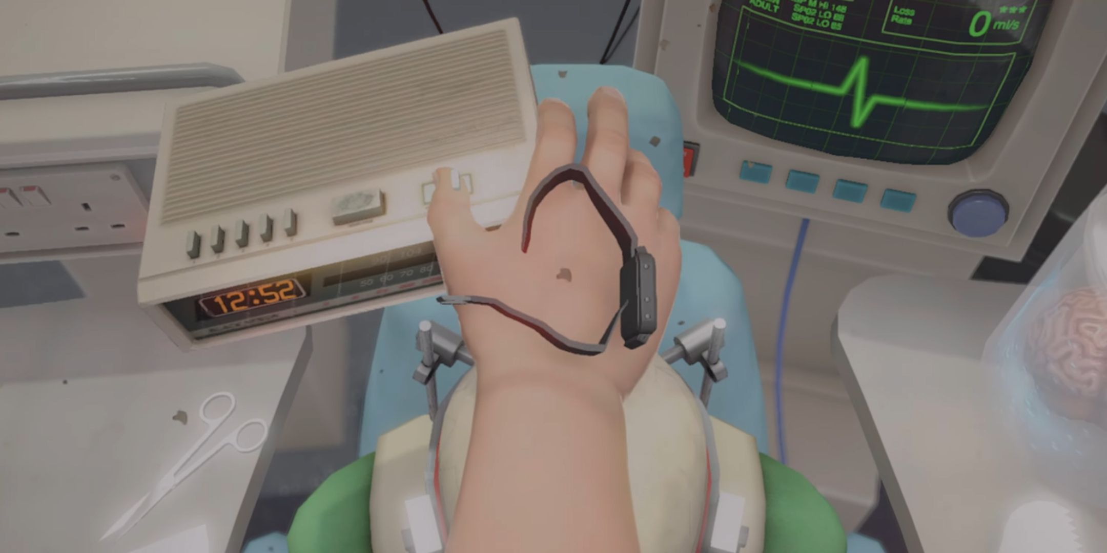 Player holding an alarm cock while their watch falls off in Surgeon Simulator.