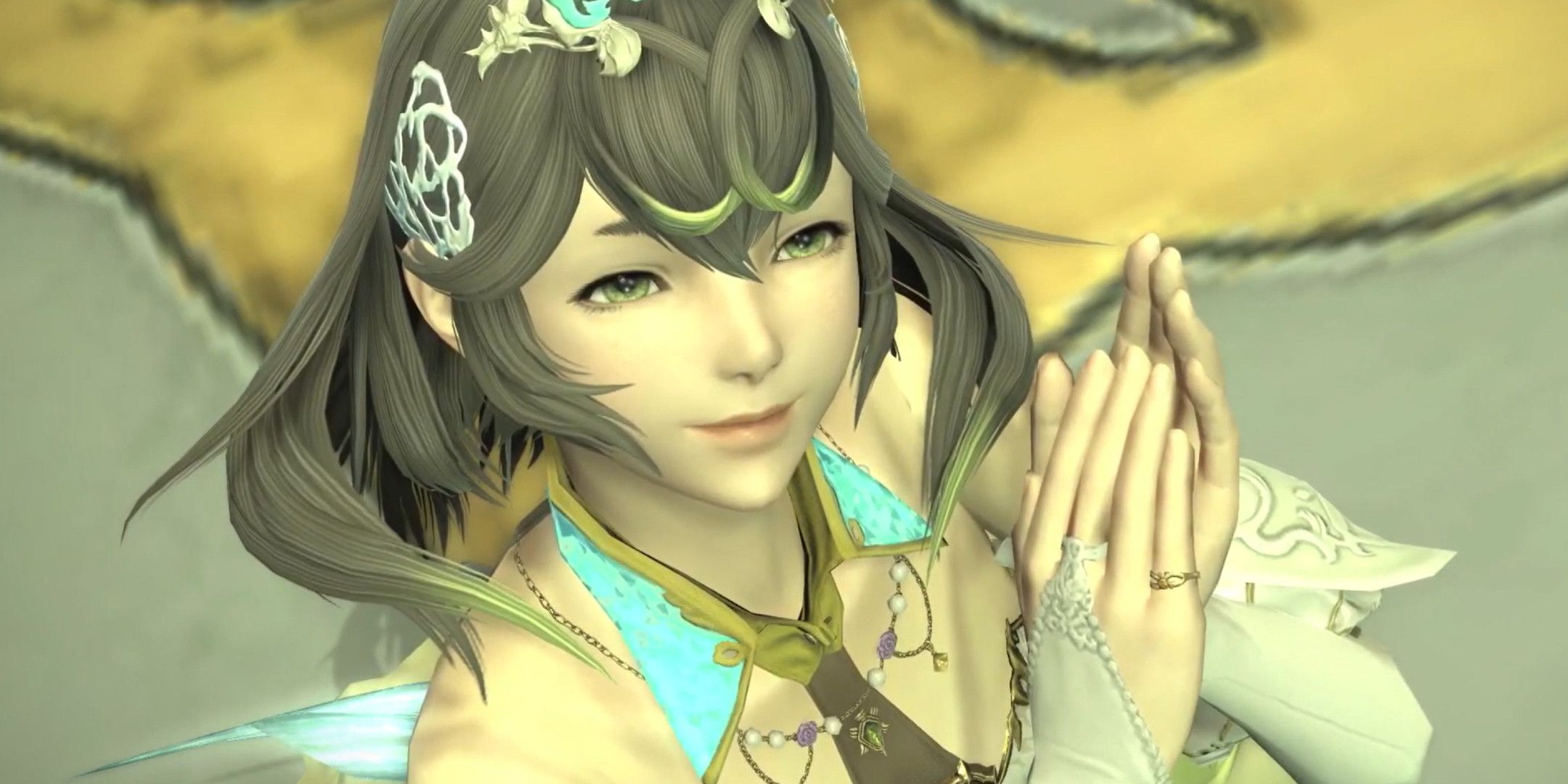 Princess Sphene smiling and holding her hand together in Final Fantasy 14