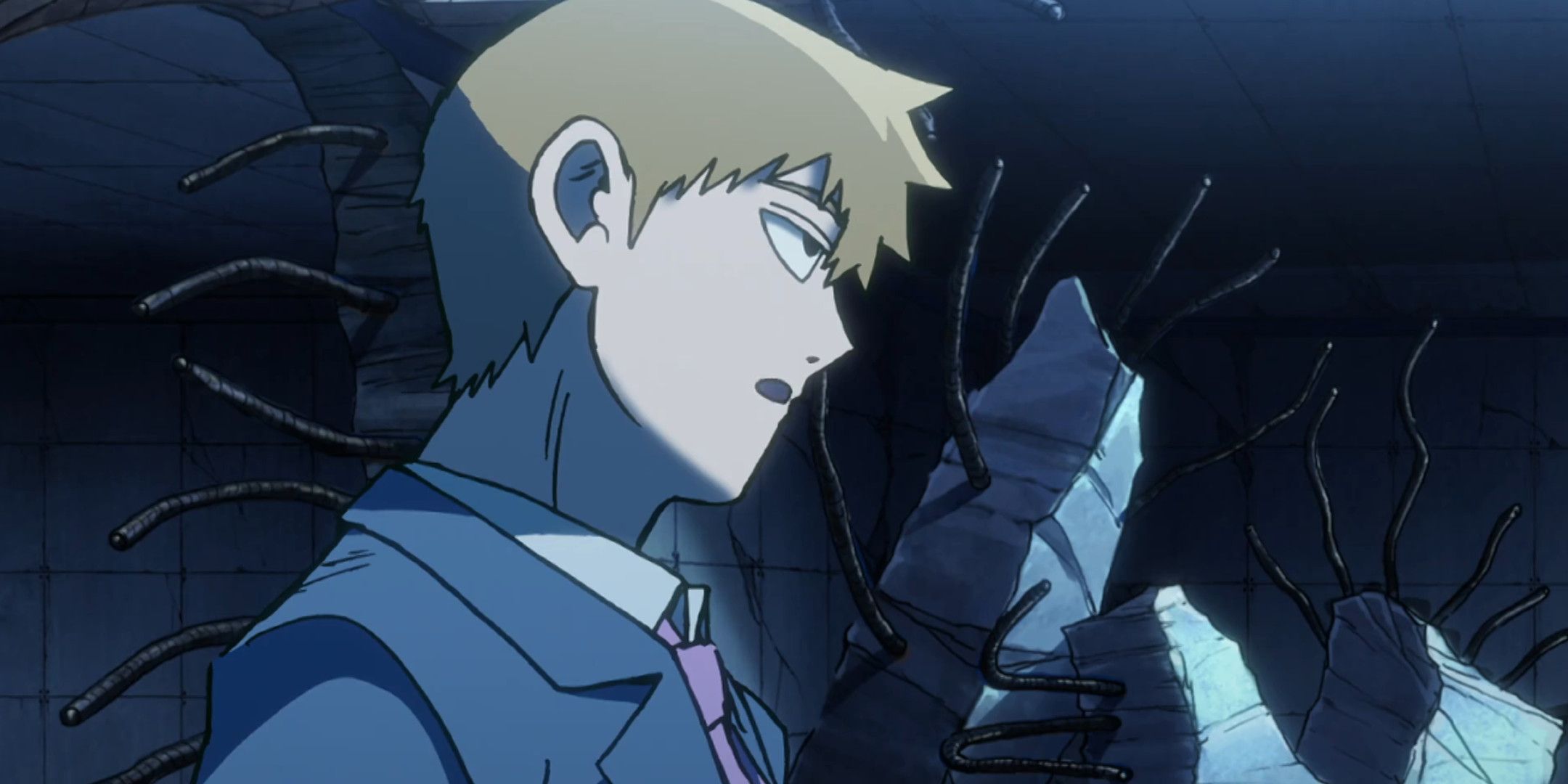 Reigen from Mob Psycho 100 speaking with a bored look.