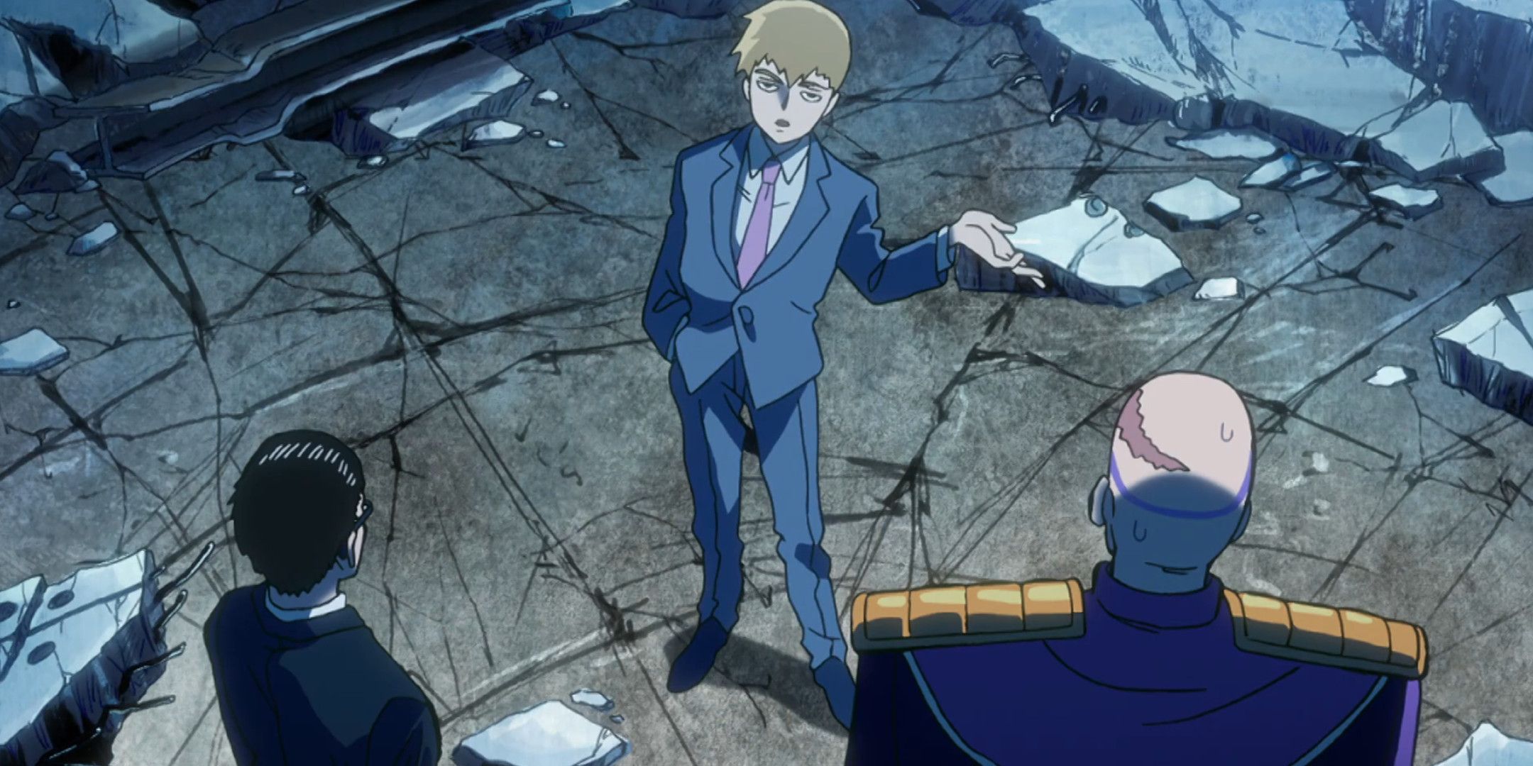 Reigen talking to the claw members in Mob Psycho 100.