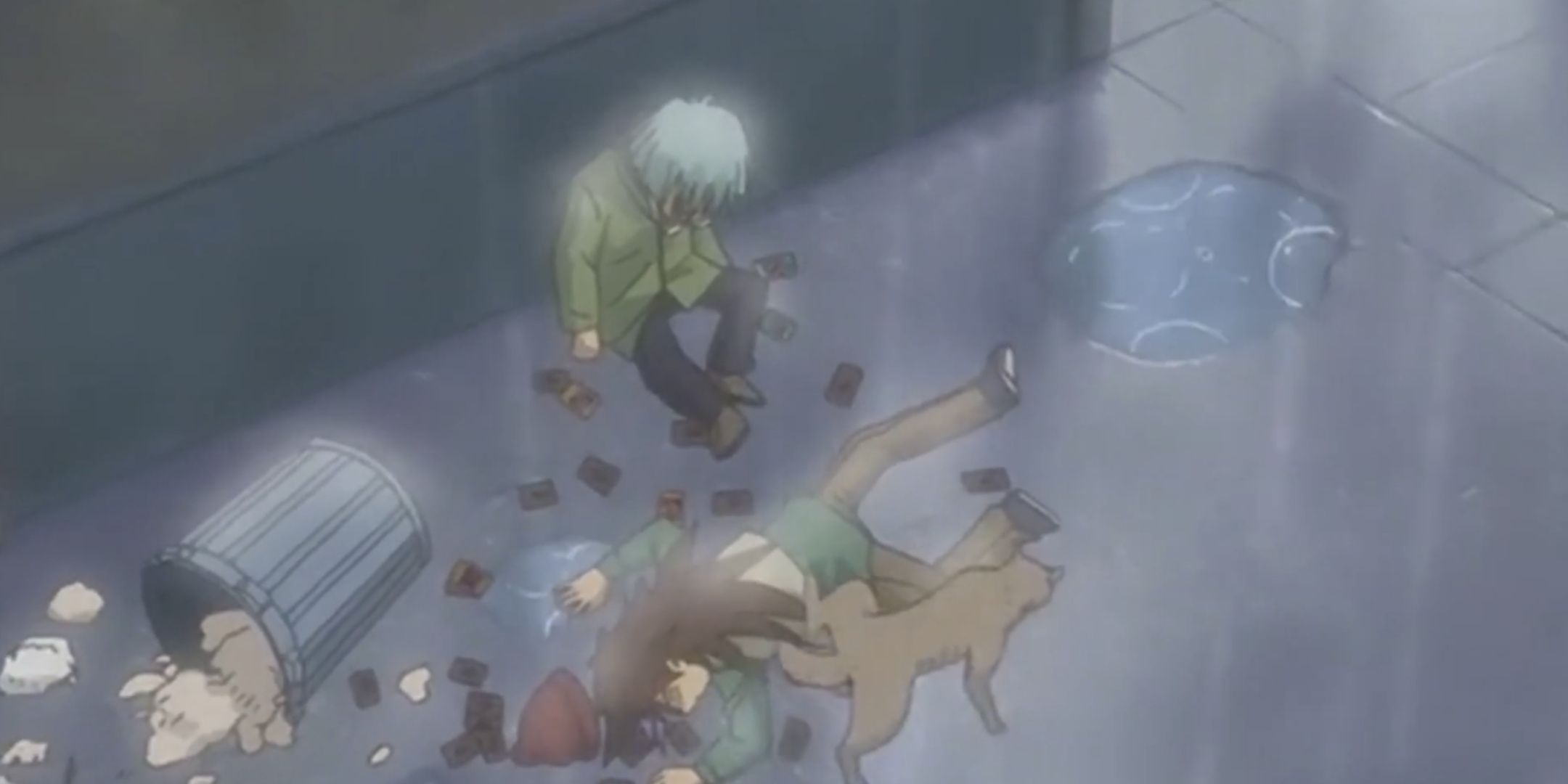 Rex Raptor and Weevil Underwood in an alley while a dog Pees on Red from Yu-Gi-Oh!