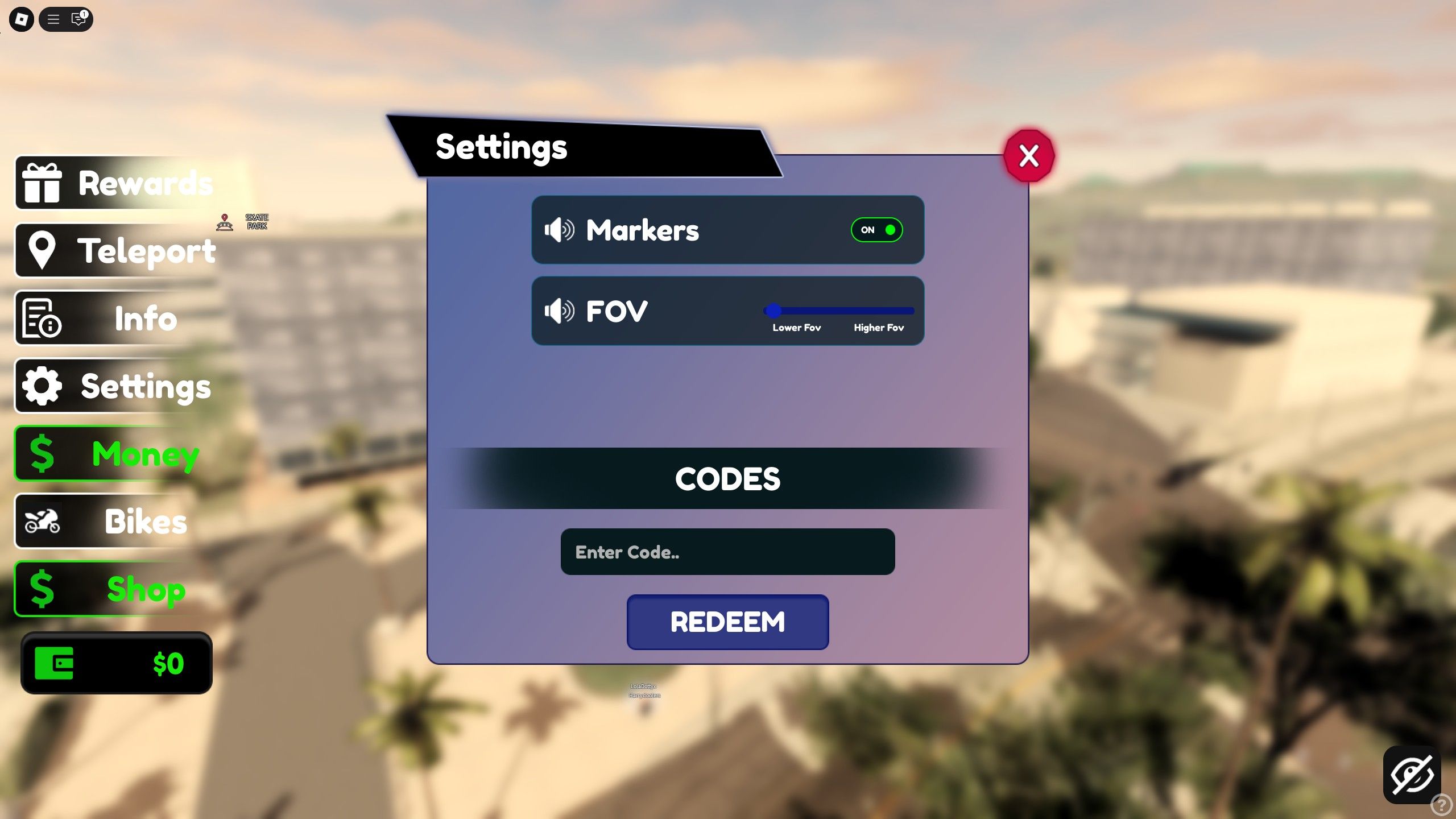 the codes field in Urban Moto on Roblox 