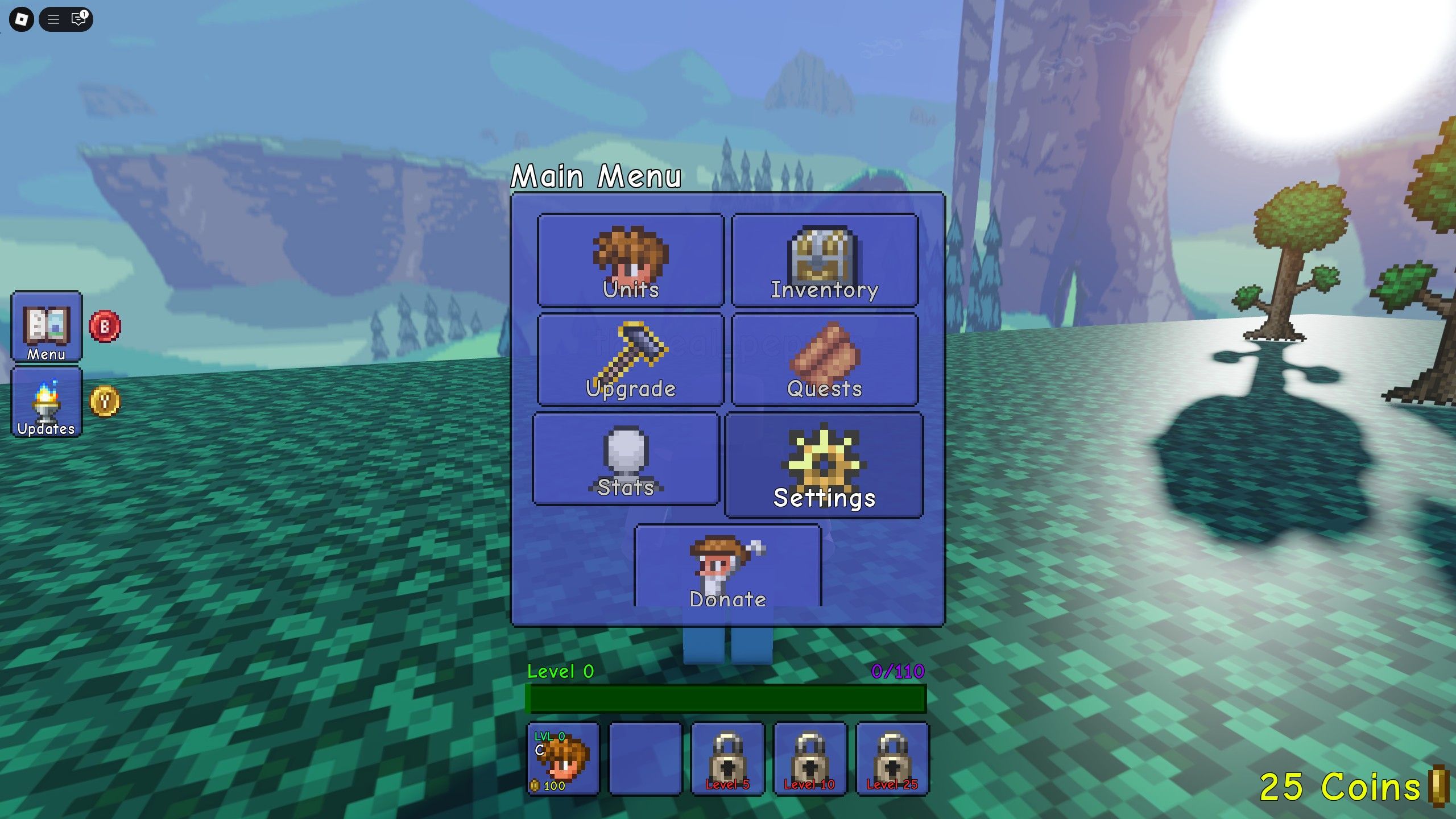 the menu in Terraria Tower Defense on Roblox