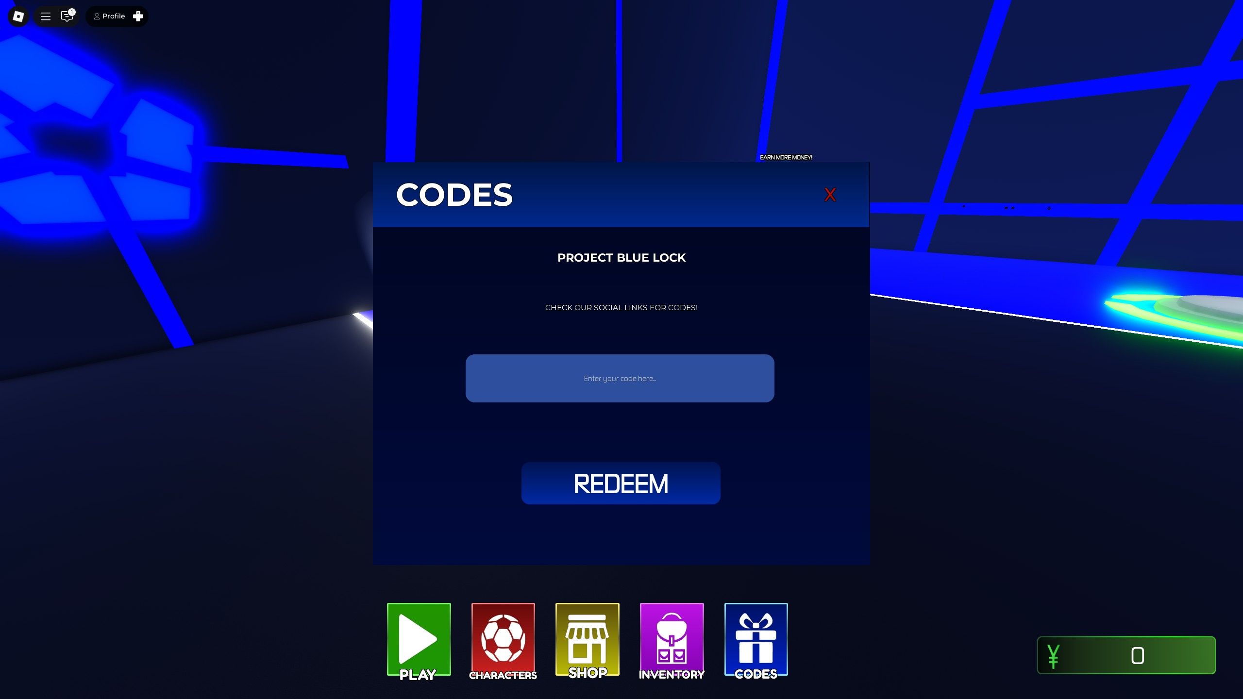 the codes box in Project Blue Lock on Roblox