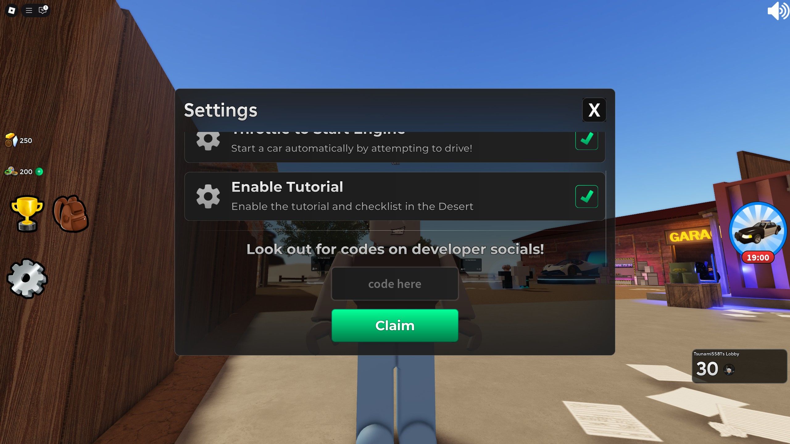 the settings window in a dusty trip on Roblox