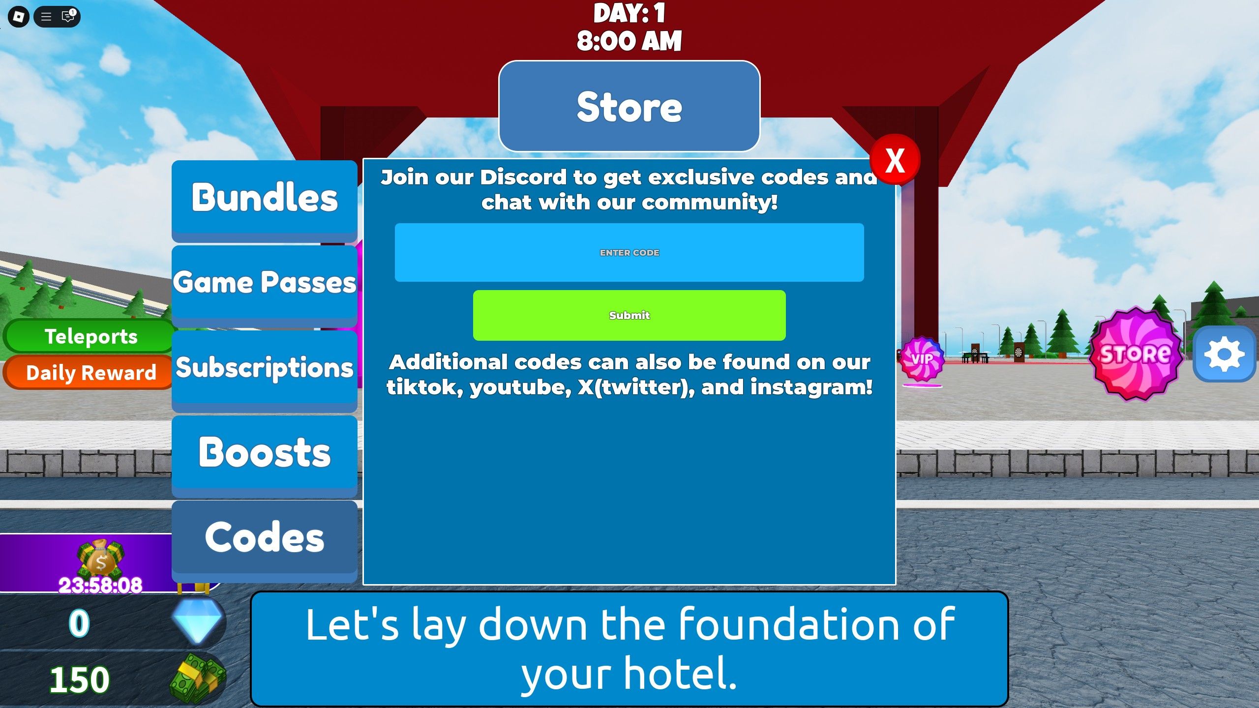 the codes box in Hotel Tycoon 2 on Roblox 