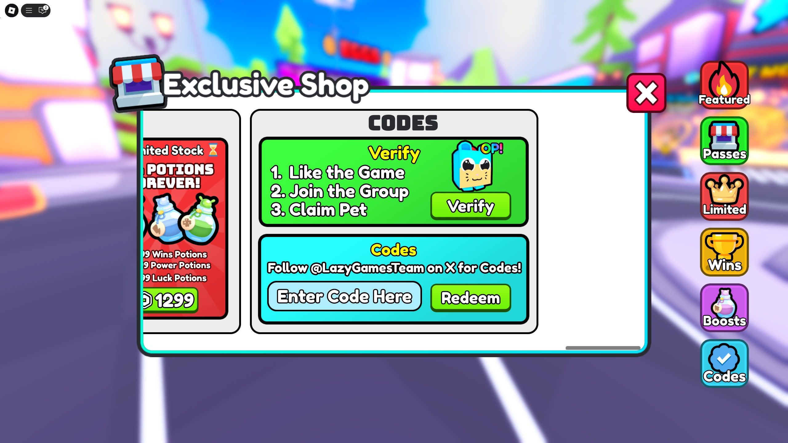 the codes box in Jetpack Training on Roblox