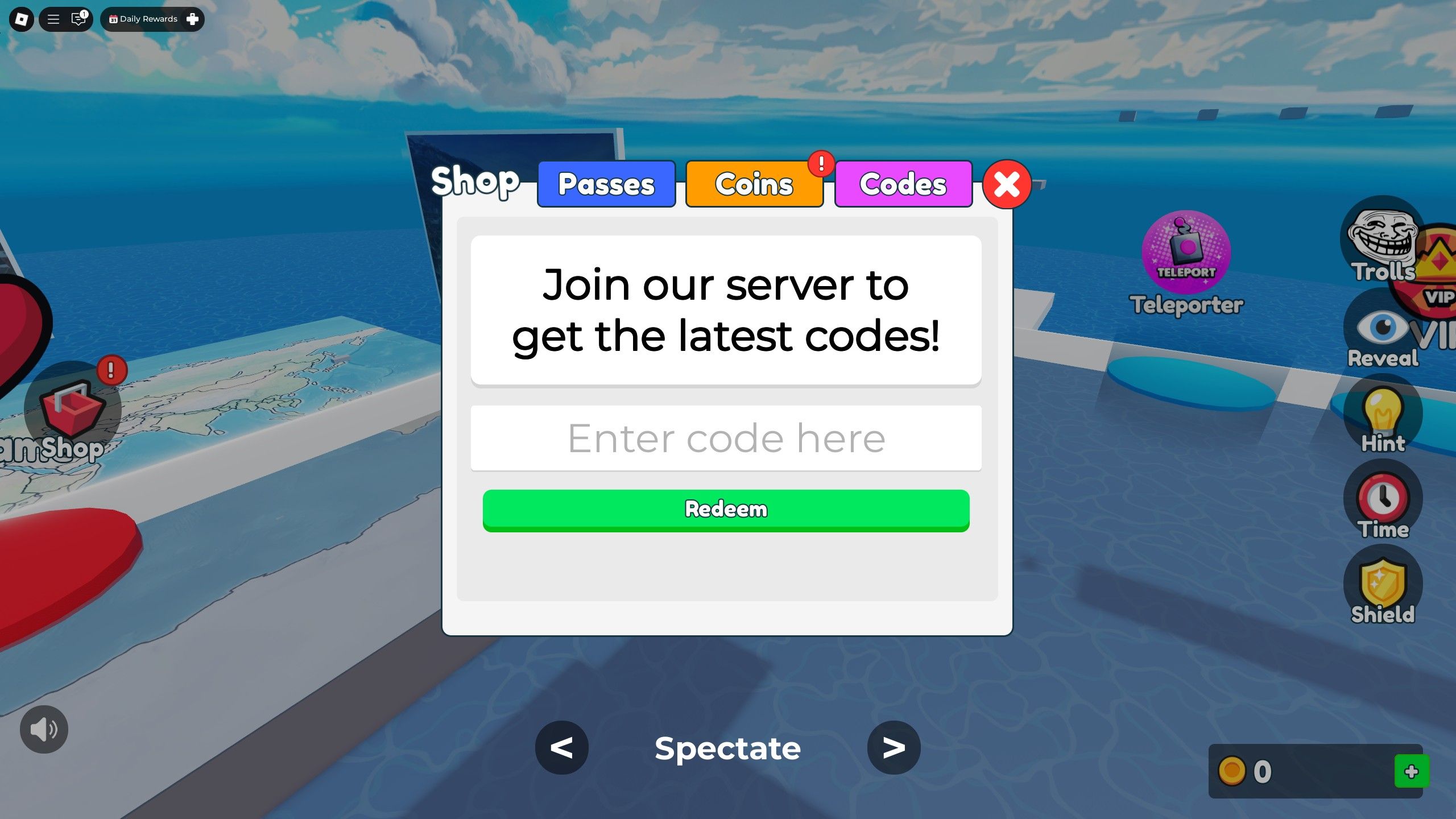 the codes box in RoGuessr on Roblox 