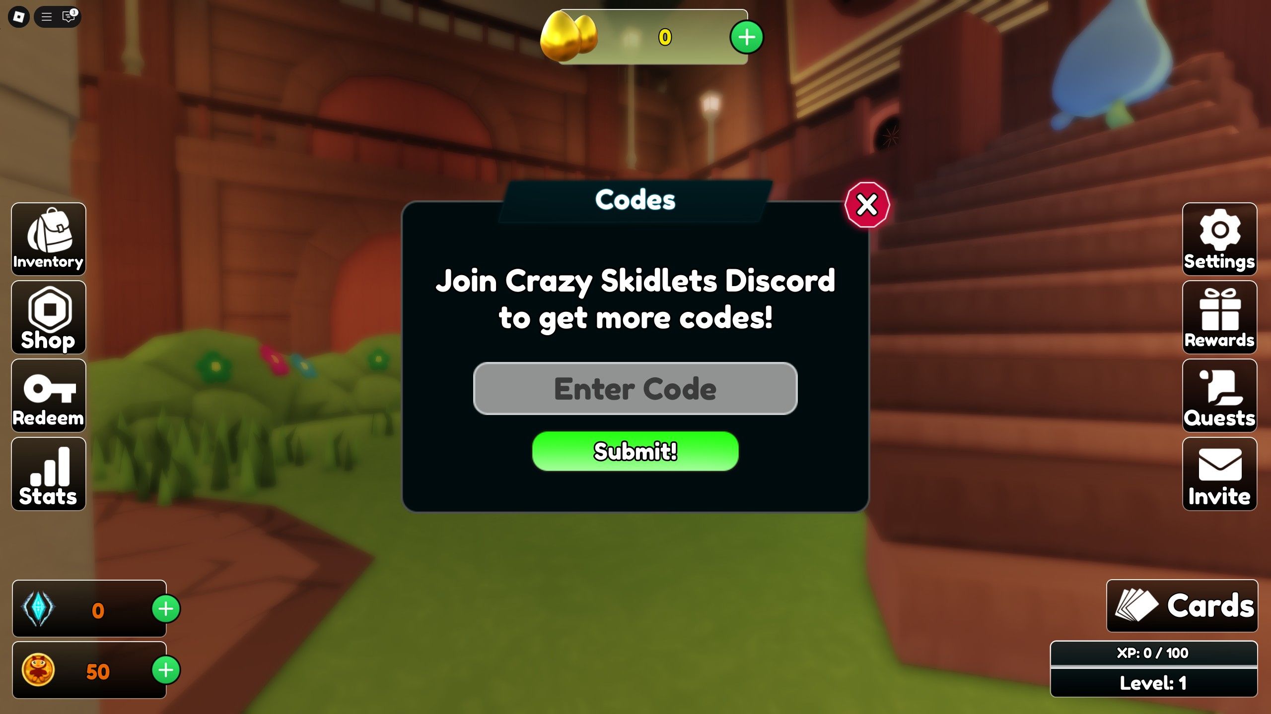 Codes box in Crazy Skidlets on Roblox