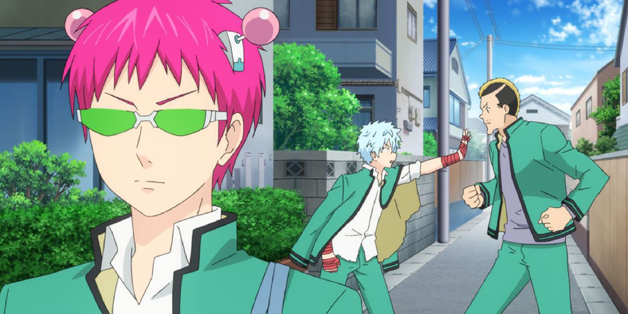 Saiki from The Disastrous Life of Saiki K looking away as two people argue behind him.
