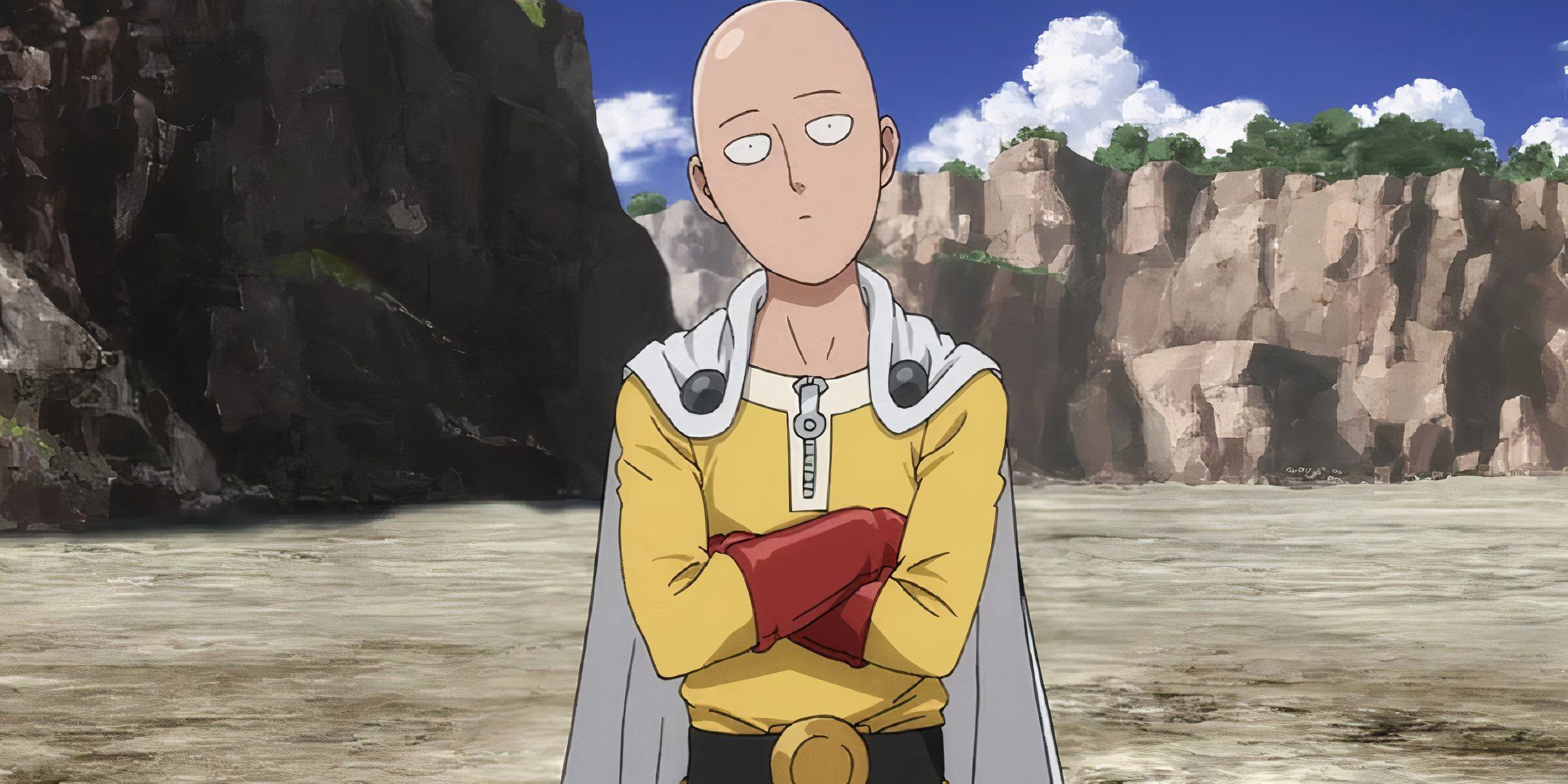 Saitama standing with his arms crossed in One Punch Man.