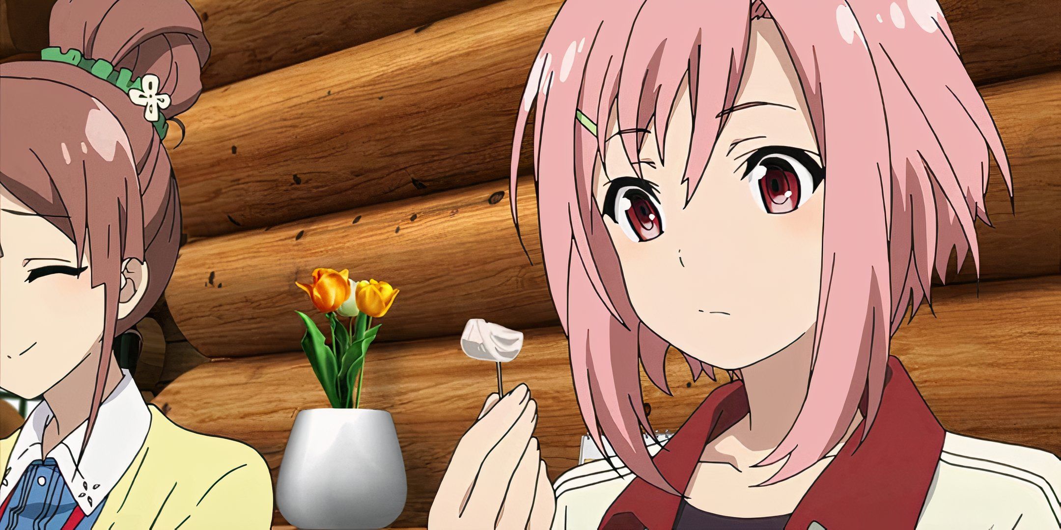 Yoshino Koharu from Sakura Quest, staring at a toothpick with a small snack on it.
