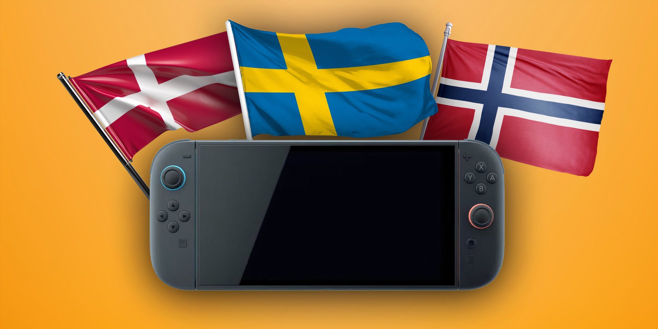 Switch 2 in front of Danish, Swedish, and Norwegian flag