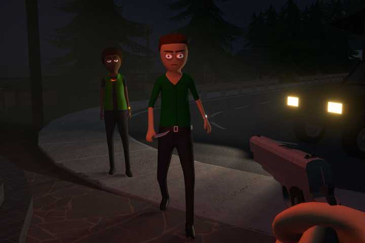 A screenshot from Schedule 1, showing the player pulling a gun on a character with a knife