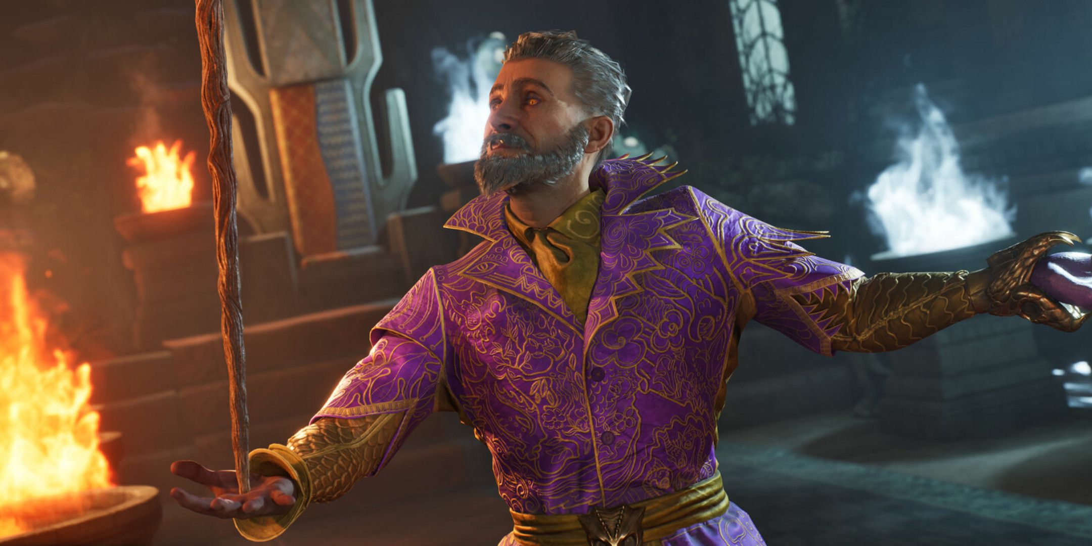 Sheogorath balancing a cane on his hand in Oblivion Remastered.