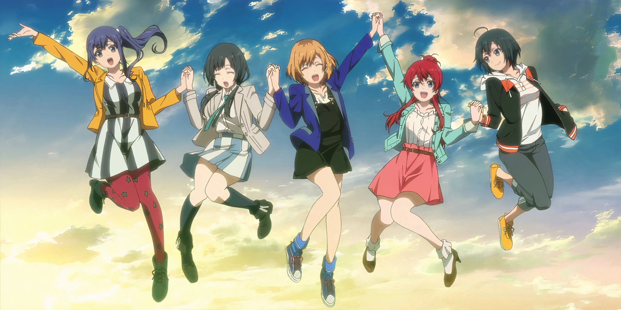 The cast of Shirobako jumping high, with the sky in the background.