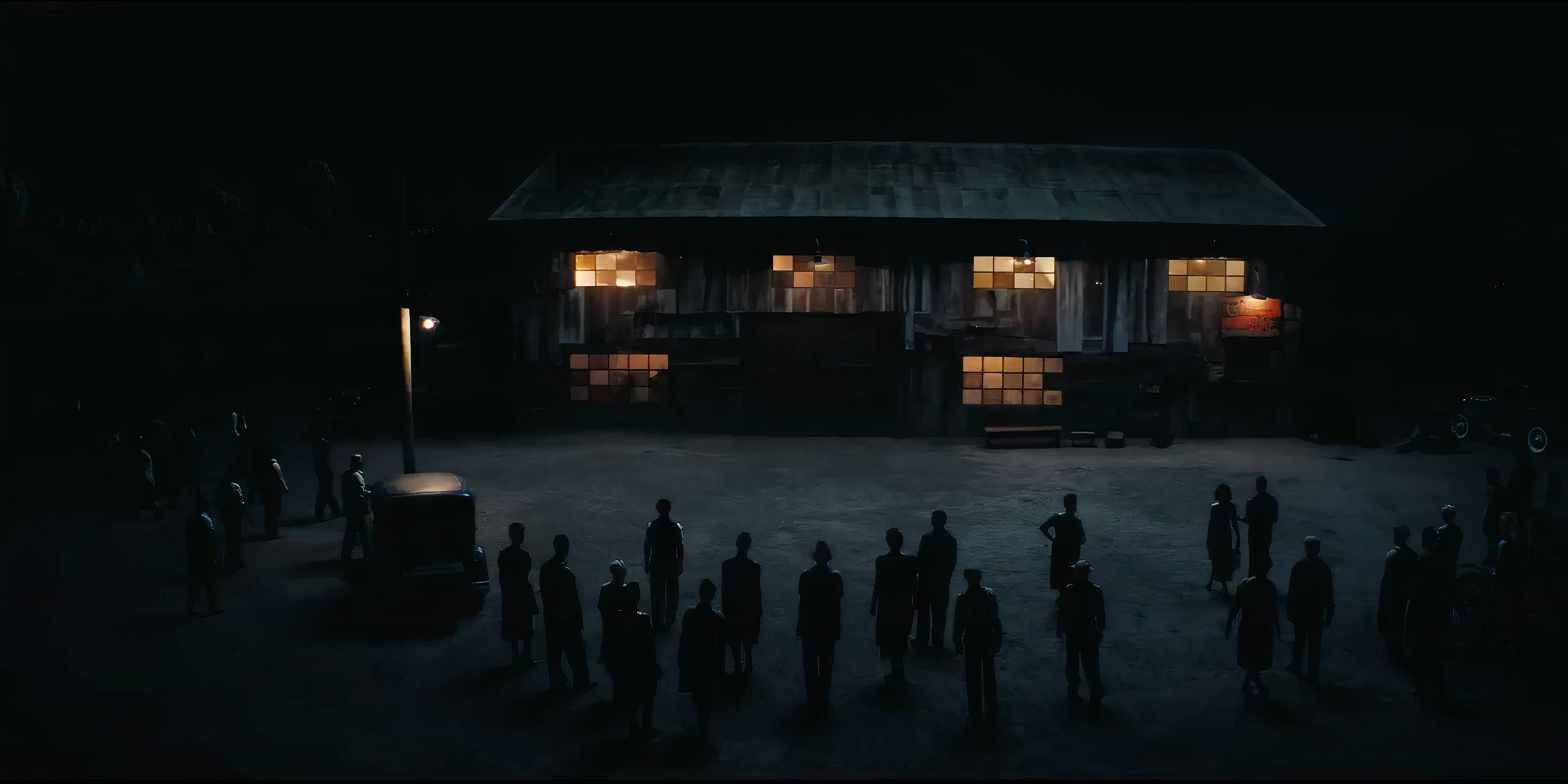 A horde of vampires walking towards the juke joint in Sinners.
