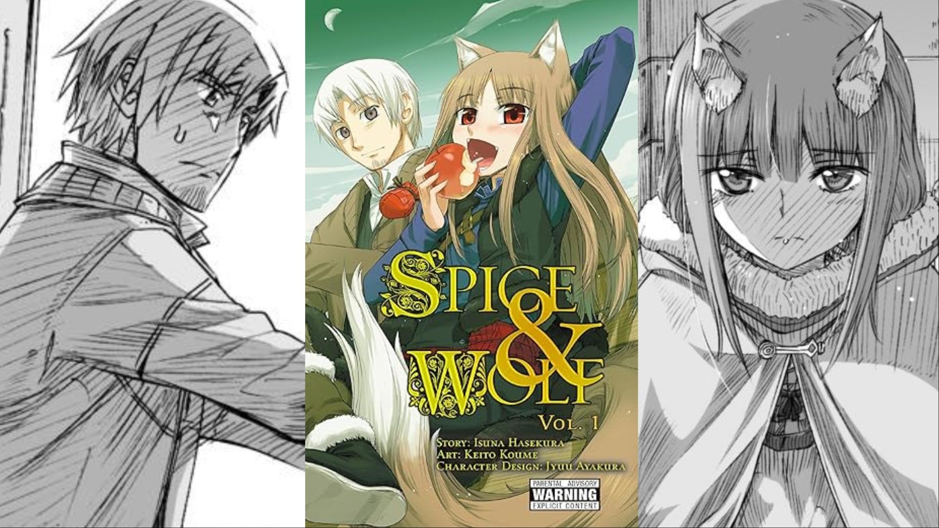 A collage of images showcasing panels and cover art from the manga Spice & Wolf.