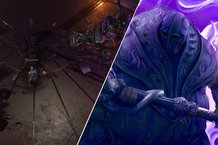 Split image of key art and gameplay against the Harbinger of Hatred in The Last Epoch.