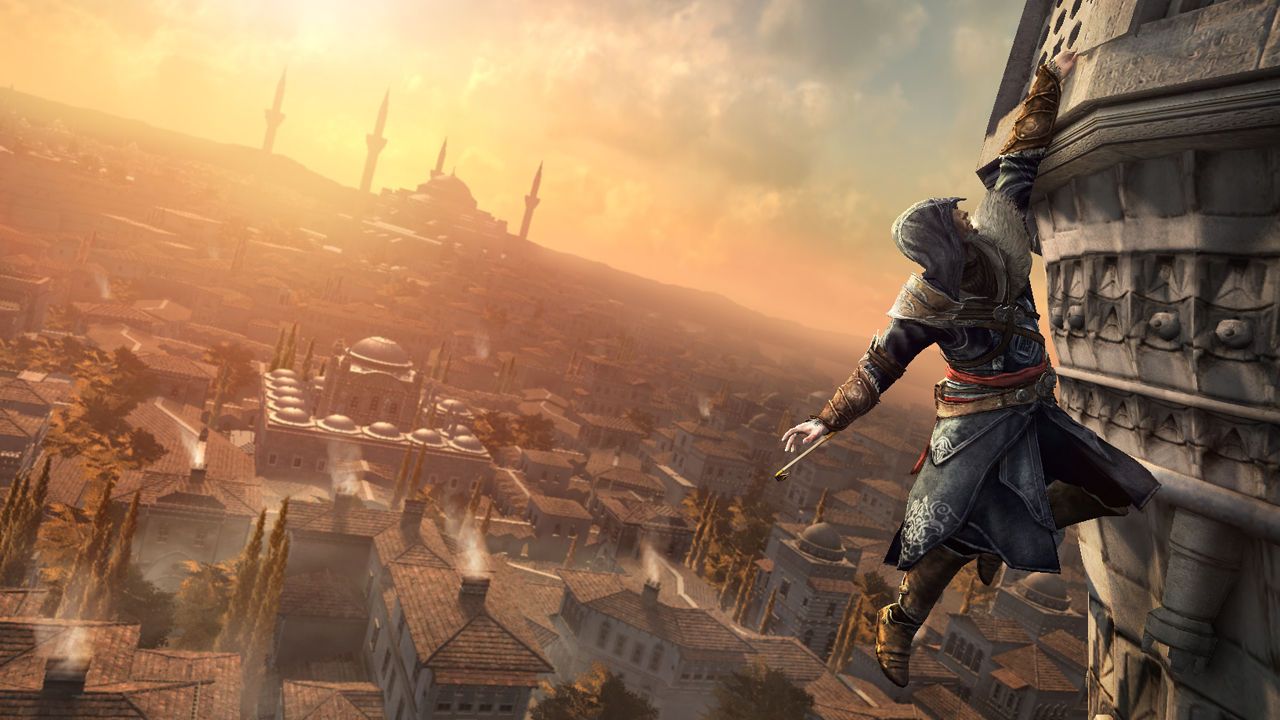 Ezio uses his hookblade to climb.