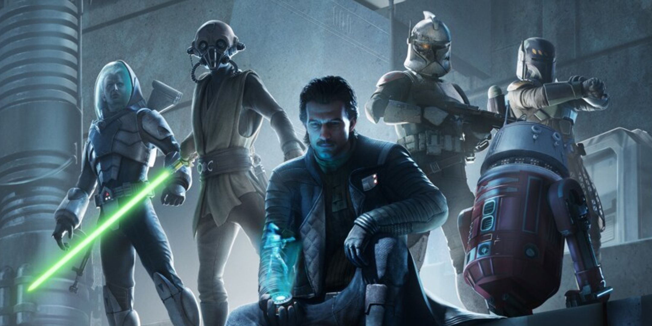 The first poster for Star Wars Zero Company, which shows five humanoid characters in a party, ready to fight, and a droid alongside them