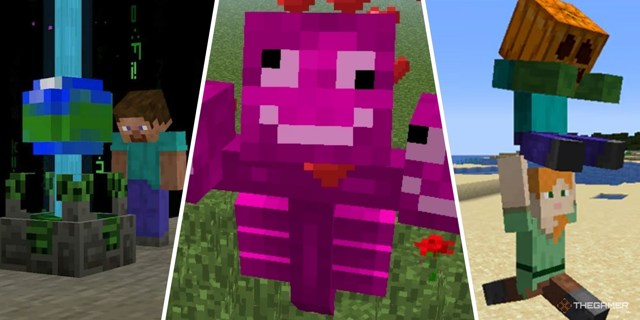 Steve Looking At The Mine Crafter A Pink Love Wither And Alex Holding A Zombie With A Jack O Lantern On Its Head From Various April Fools Updates Of Minecraft