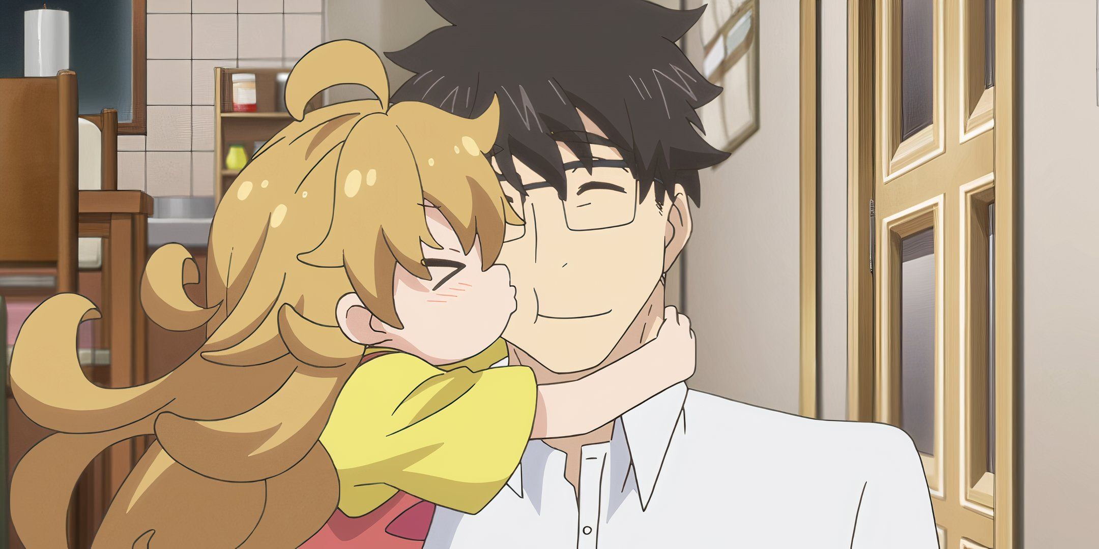 Tsumigi kissing her father Kōhei Inuzuka on the cheek.