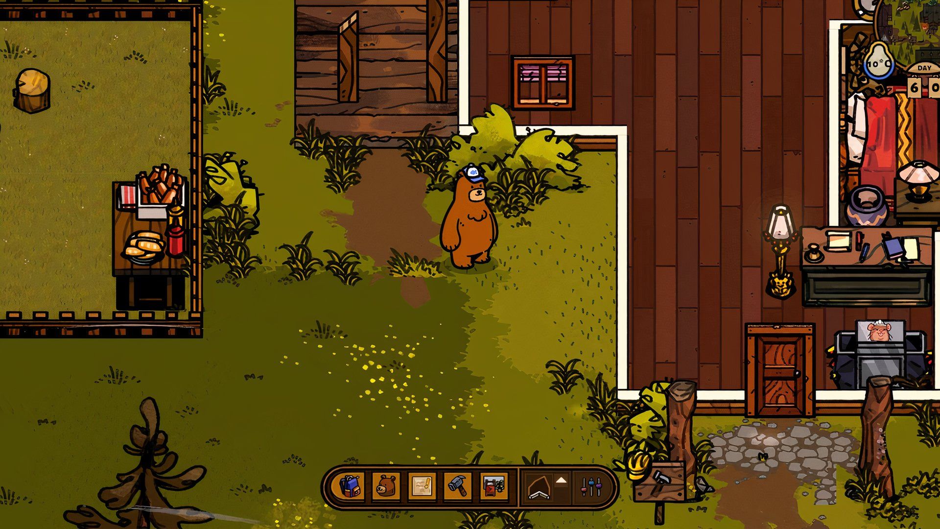 The bear standing outside a resort in Bear and Breakfast.
